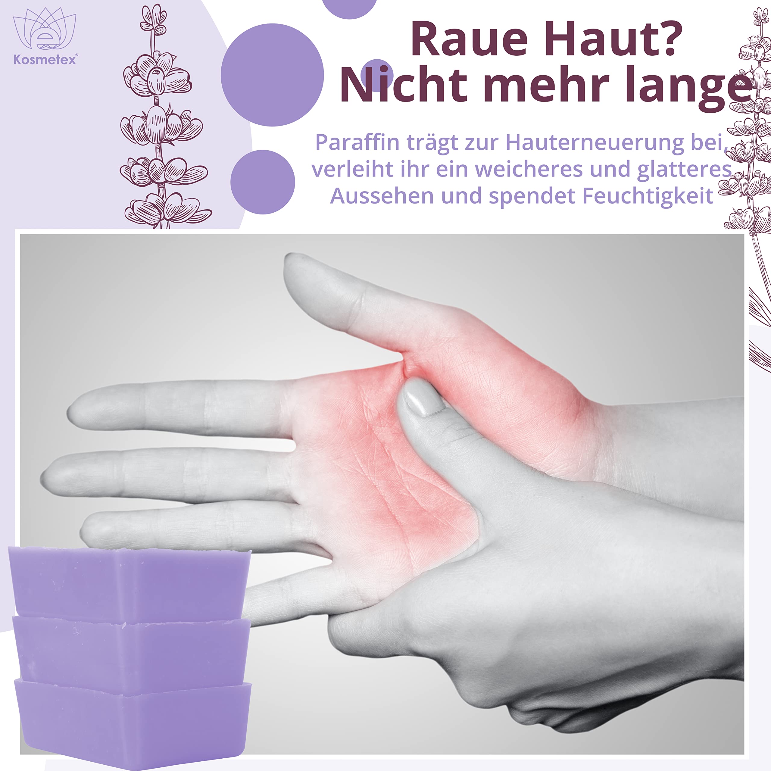 Kosmetex Wellness-Paraffinbad Lavender Lavendel – Paraffin-Entspannungsbad für Hände und Füße – Paraffinwachs – Paraffin-Block für Wachserwärmer (4x 500ml)