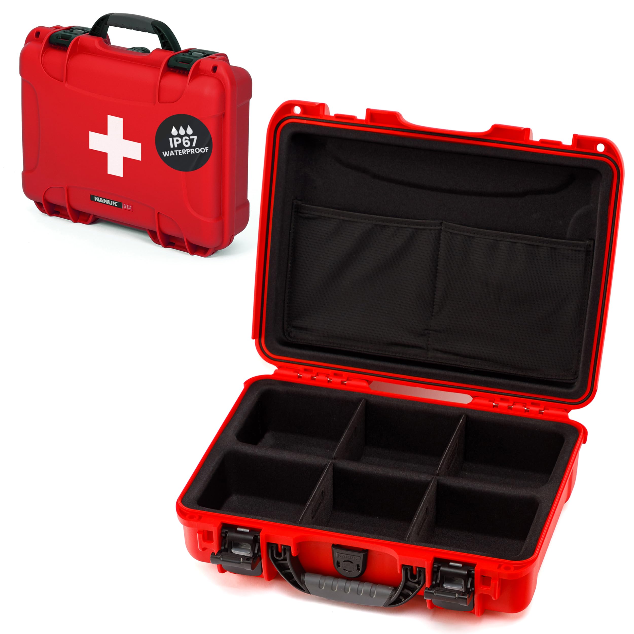NANUK 910 Waterproof First Aid Box Empty with Lid Organizer &amp; Dividers – Durable Medical First Aid Organizer Case, IP67-Rated, Dustproof, Impact-Resistant, Floats (14.3” x 11.1” x 4.7”) – Red