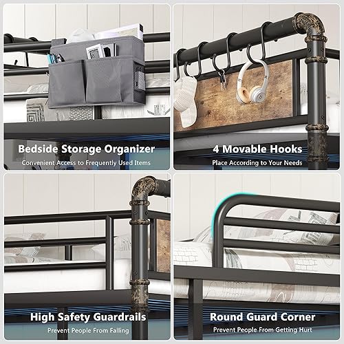 Miniatura 6 de Cama tipo loft de tamaño individual con escritorio en forma de L, luces LED, estación de carga, marco de cama de metal industrial resistente con 3