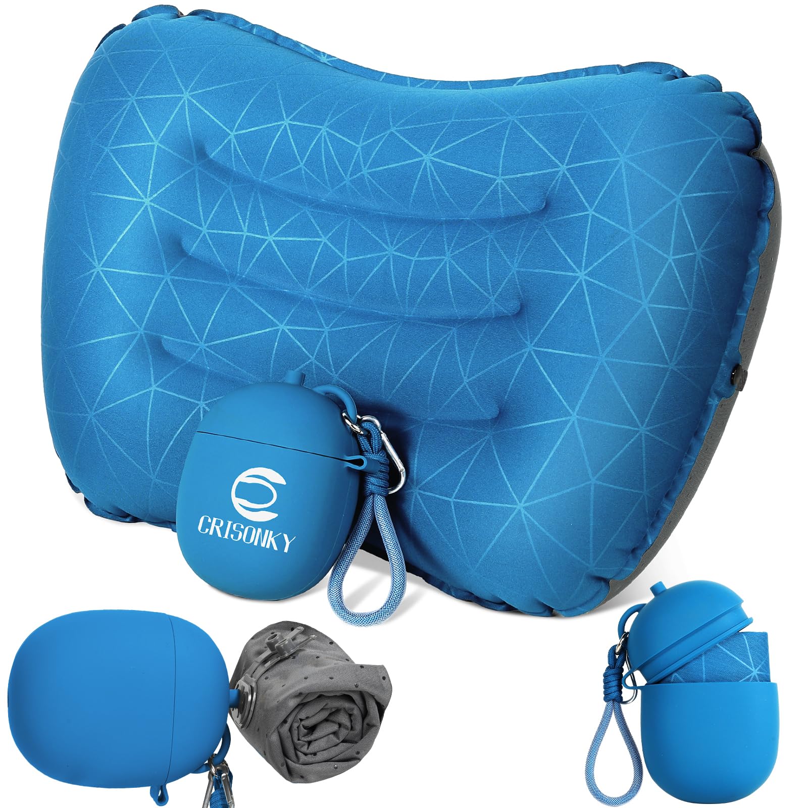 Crisonky Camping Inflatable Pillow with 2-in-1 Silicone Air Pump Storage Bag โ Ultralight Travel Pillow for Airplane, Lumbar Support, Dual Valve Easy Inflate, Compressible Ergonomic