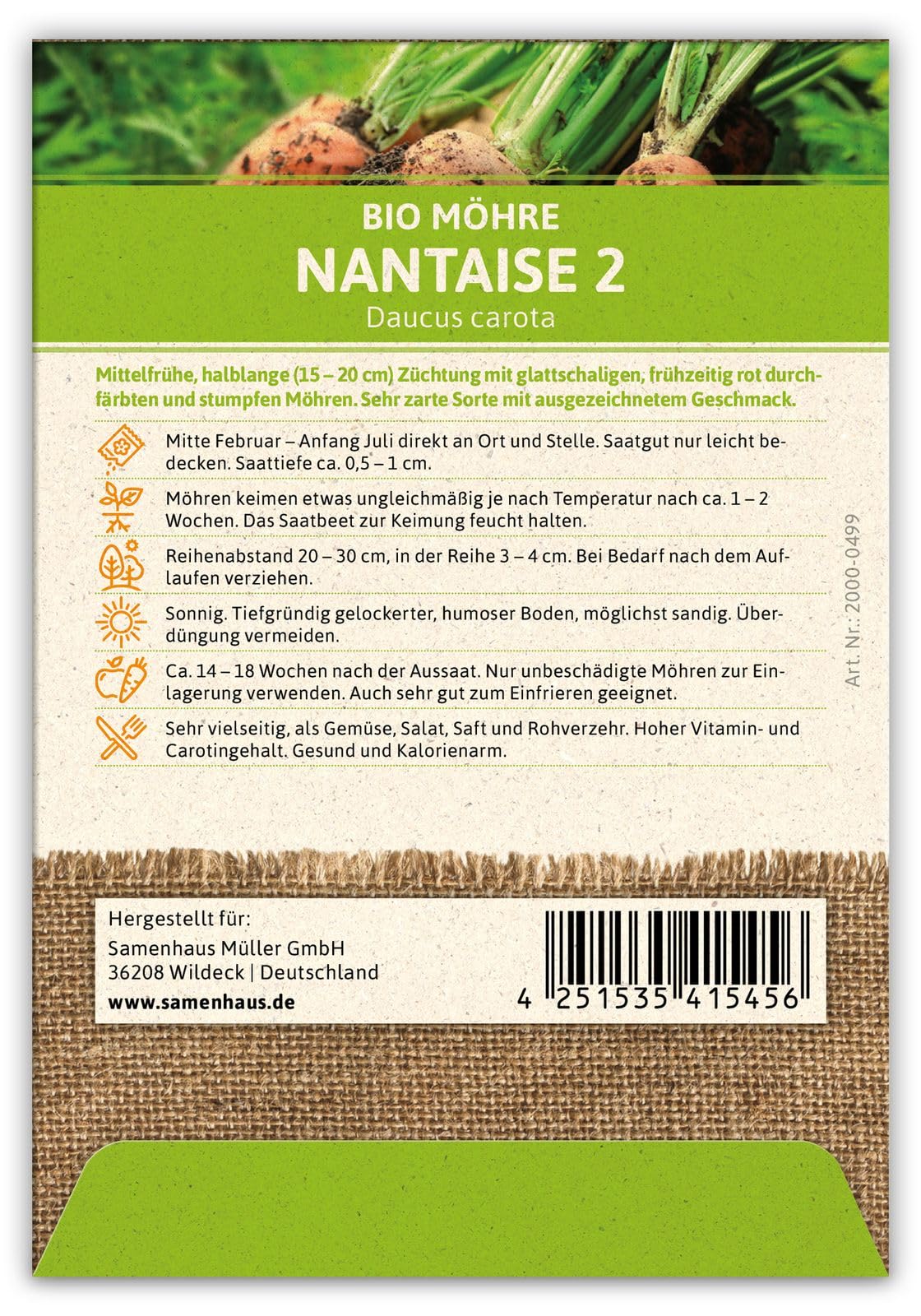 FLORTUS 2000-0499-100x Möhre Nantaise 2 (100 Stück) (BIO Möhrensamen)