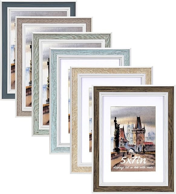 5x7 Picture Frame Set of 6, Rustic Farmhouse Photo Frame, Display 4x6 with Mat or 5x7 Without Mat for Decorative on Wall Hanging and Tabletop Placement