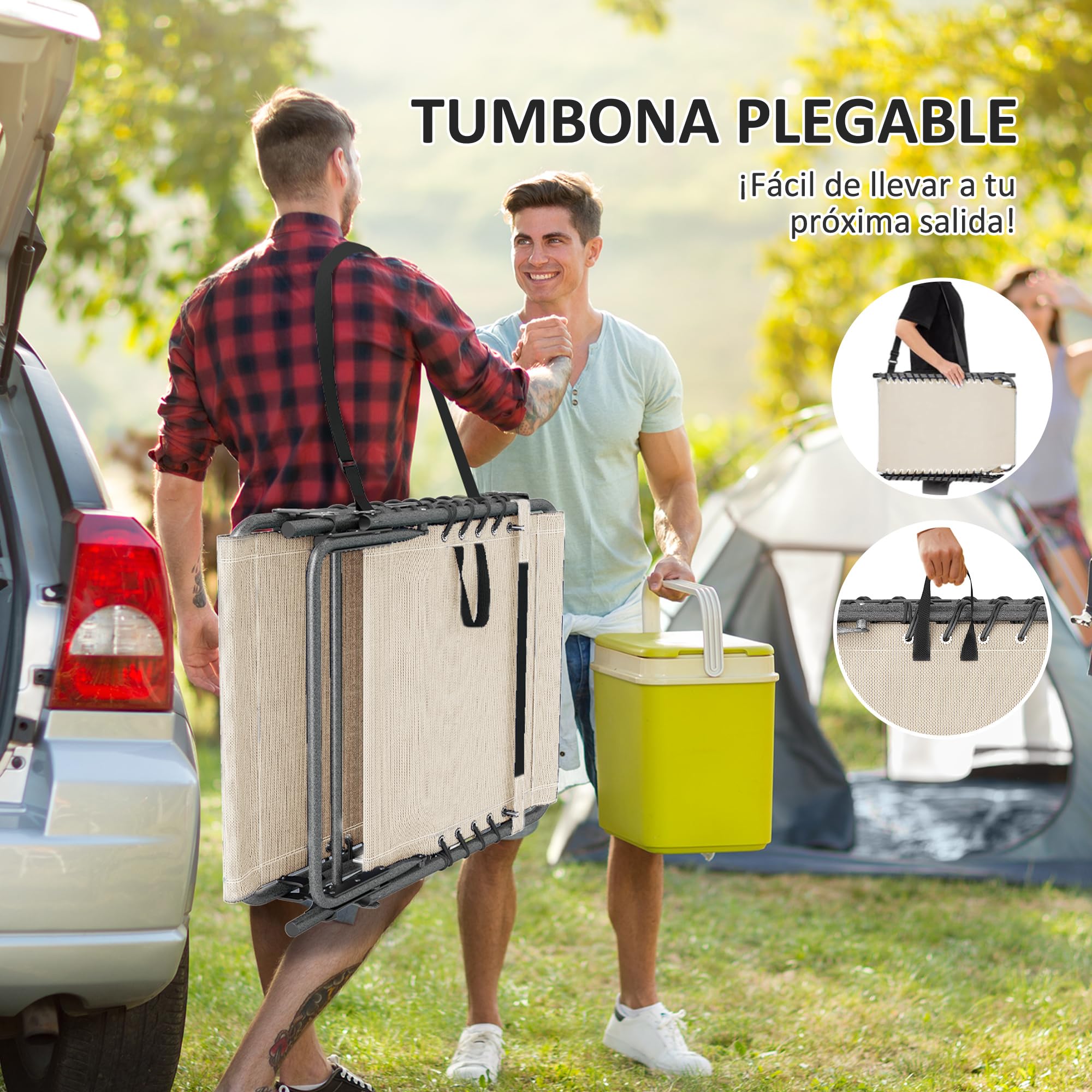 Outsunny Tumbona Plegable, Tumbona Jardín Exterior con Respaldo Ajustable, Reposacabezas, Bolsillo Lateral, Bandeja y Estructura de Acero, Carga 120 kg para Terraza Piscina Playa, 190x60x31 cm, Crema