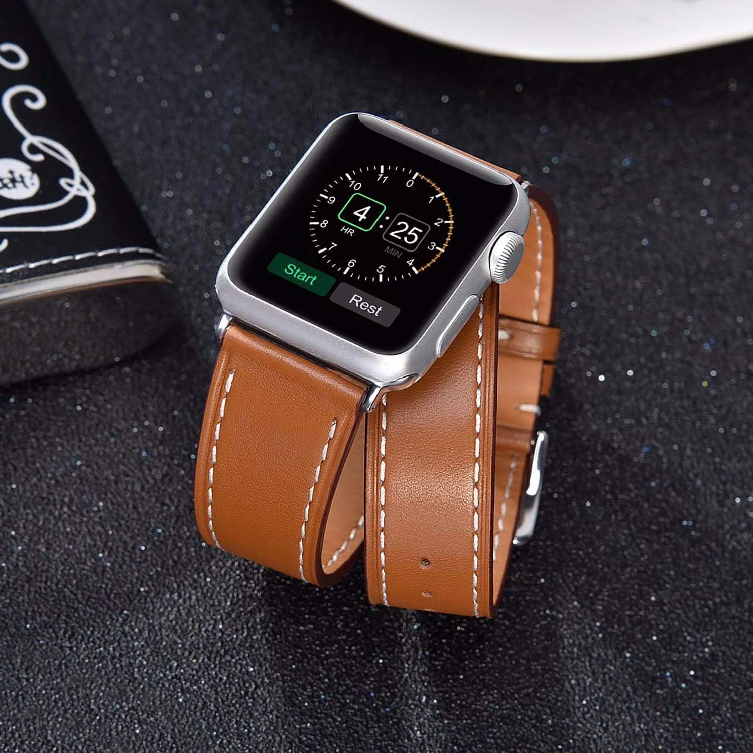 Speidel 38mm Luxury Brown Genuine Leather Double Tour Band With Stainless Steel Adapters and Buckle compatible for use with the Apple watch series 1,2,3,4,5 and 6 - Image 4