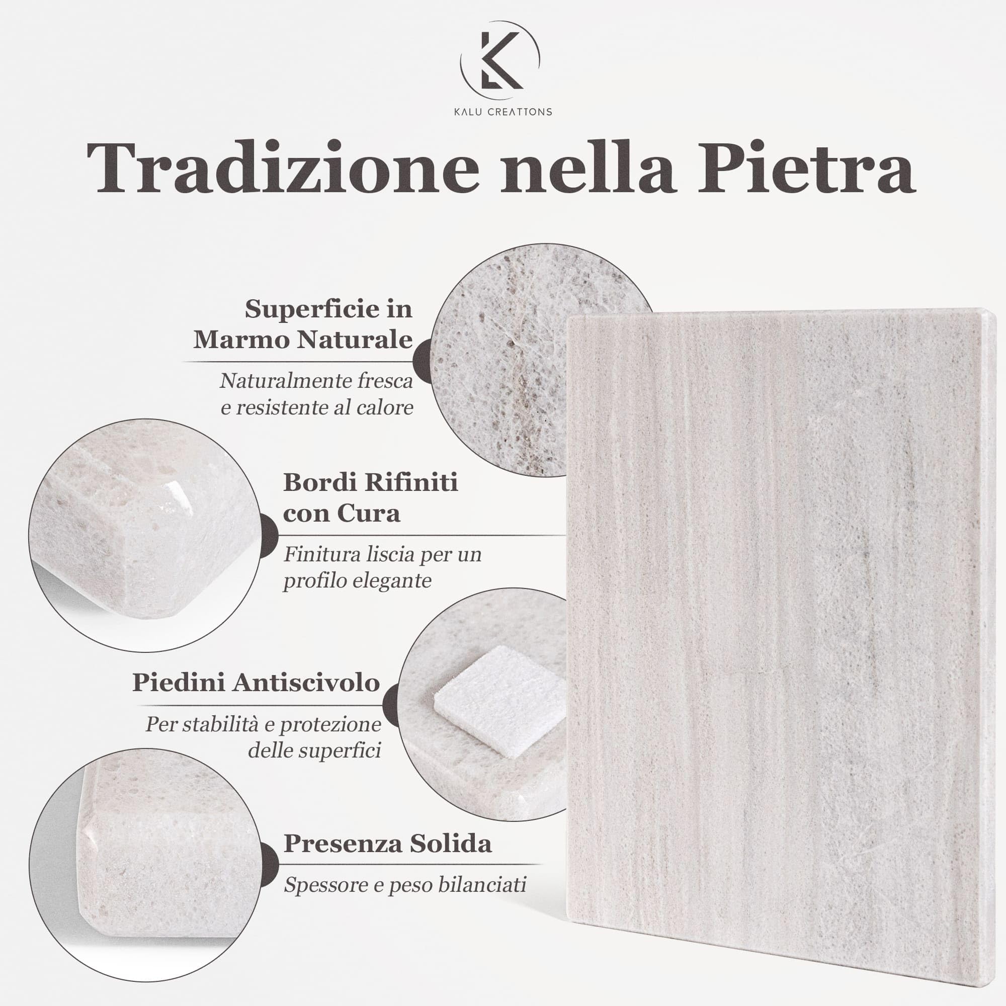 Schneidebrett aus massivem weißem Marmor 40 x 30 cm – Elegantes Küchenbrett für Käse, Sushi und Antipasti – Naturstein dick und schwer – Made in Italy | Kalu Creations