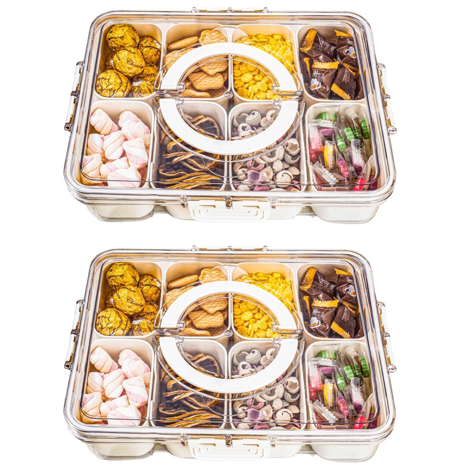 cosnou Divided Serving Tray with Handle, 8 Compartments Snack Box for Candy, Nuts, Cookies, Fruit, Snacks, Party Favor, Wedding, Home Decor(Pack of 2)