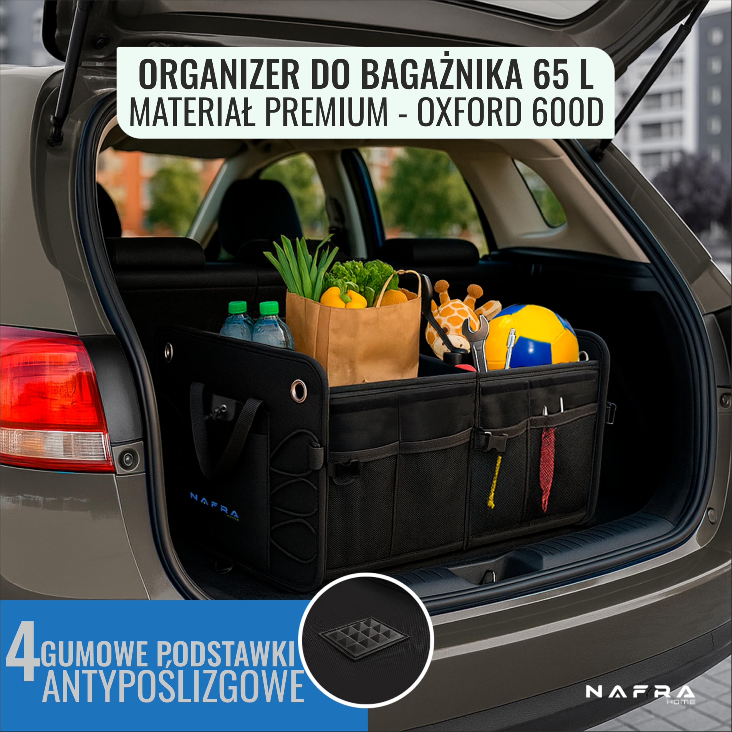 Organizer do Bagażnika 65L – Organizer Samochodowy Składany z Pokrywą i Antypoślizgowym Spodem – Torba do Samochodu z Tkaniny Oxford 600D, Sztywna Konstrukcja, Czarny