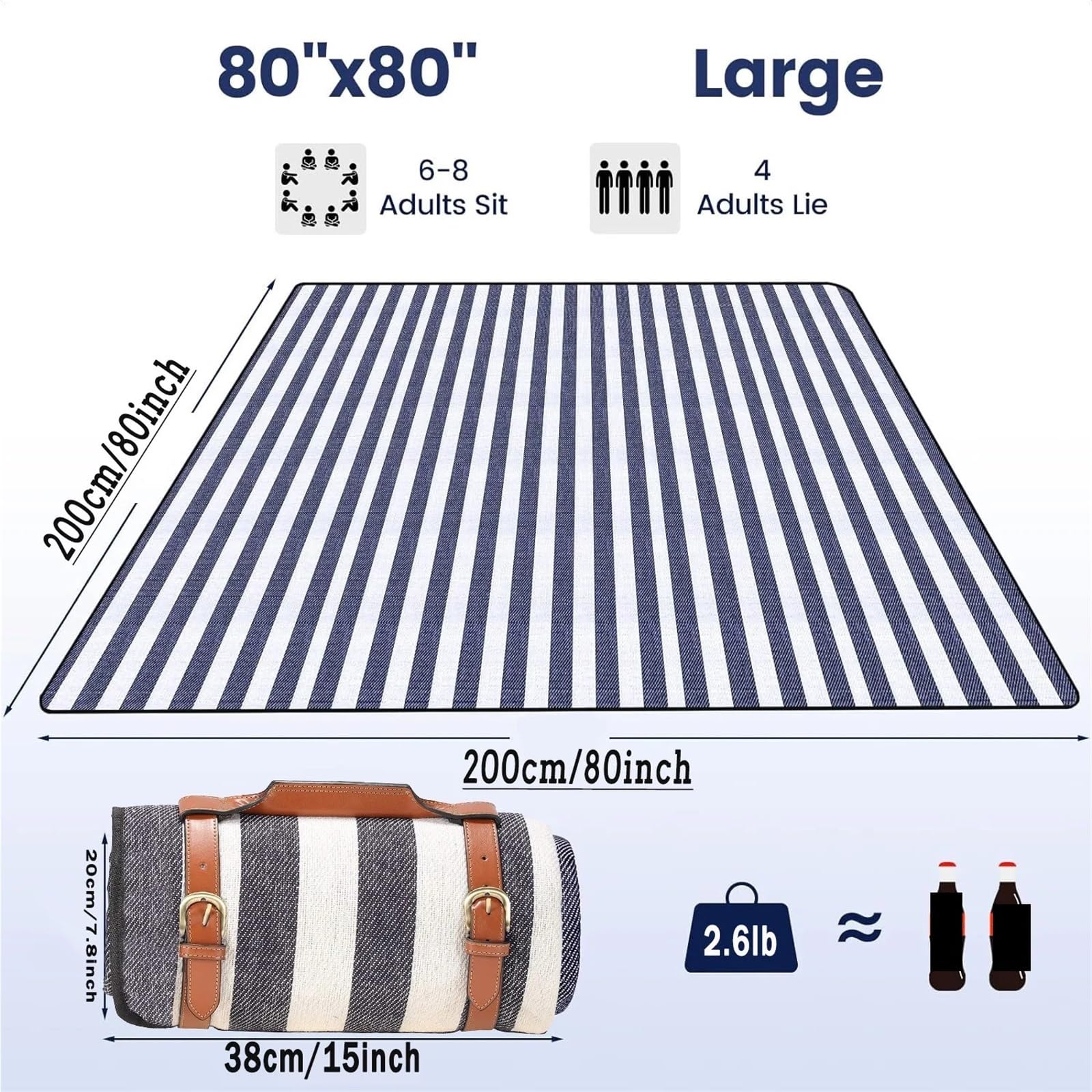 1 Uds. Manta de Picnic, Estera Grande Impermeable, Playa Plegable for Acampar Hierba, en Interiores(Blue White Straps,200cm X 200cm)