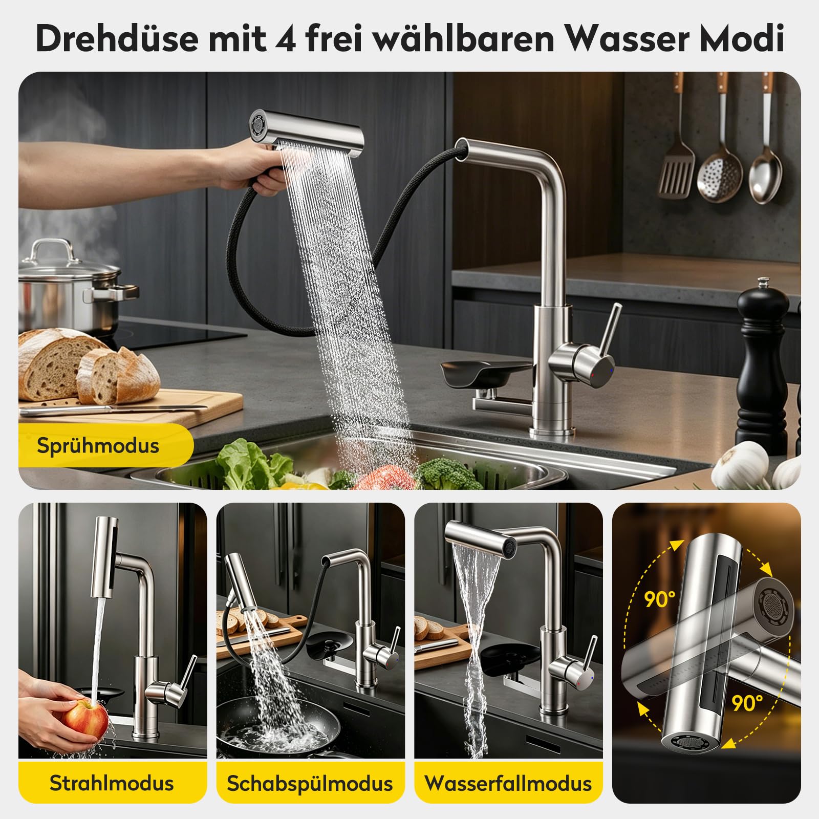 JONKEAN Hochdruck Küchenarmatur mit Brause und Glasspüler | Einhebelmischer mit 4 Strahlarten, Waterfall Spültischarmatur, 360°-Drehung Mischbatterie, 304 Edelstahl, für Bar und Küche