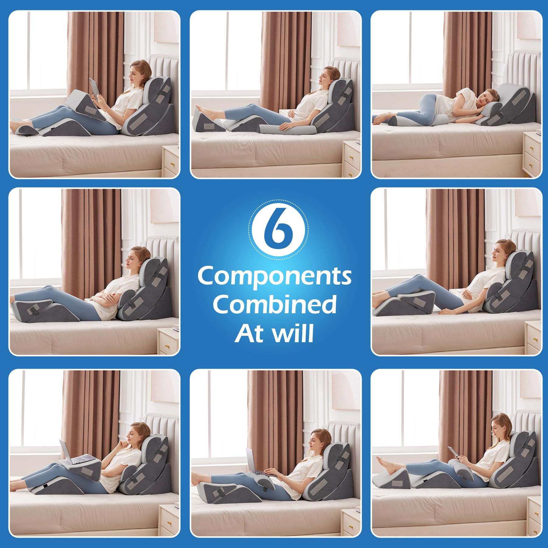 Ahpmeoa Juego de 6 almohadas ortopédicas de cuña para dormir, almohada de espuma viscoelástica ajustable para aliviar el dolor de espalda, almohada de cuña para dormir para reflujo ácido, ERGE y