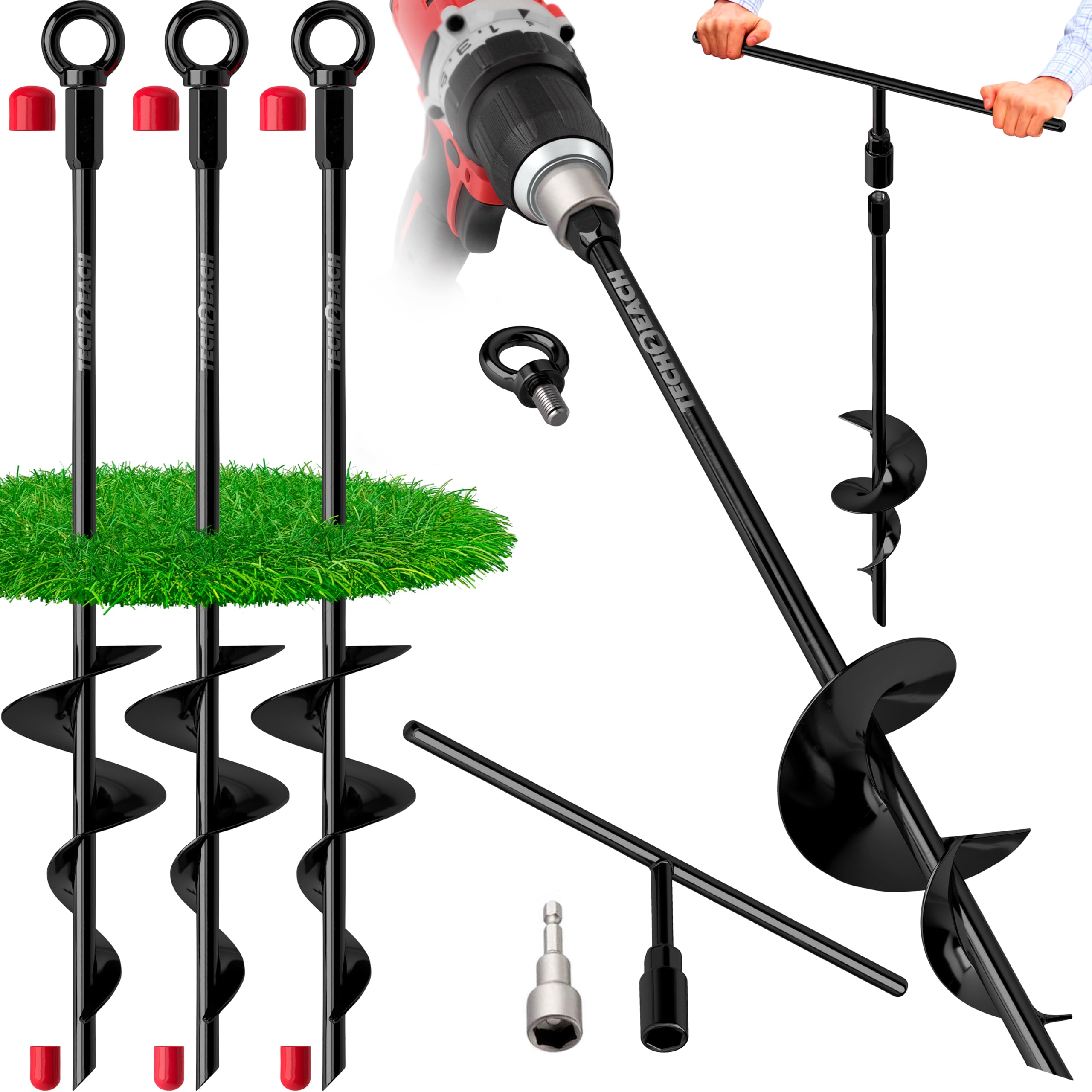 Ground Anchor Heavy Duty 18 inch - Earth Anchor Screw in Kit 4 Pack - Tie Down Swing Set Anchors - Auger Spiral Trampoline Stakes High Wind - Camping Carport Canopy Tent Stakes for Tree Shed Dog Sand