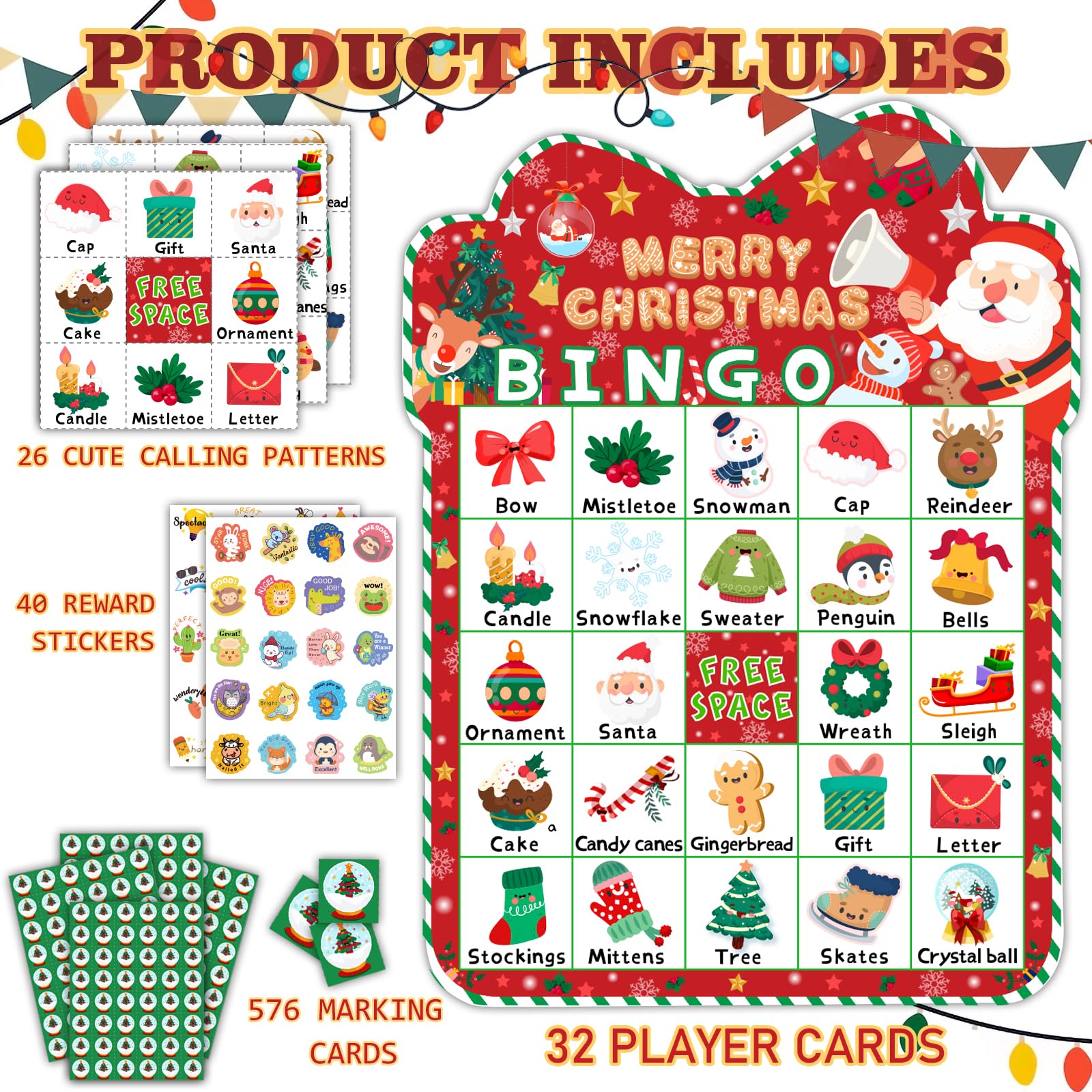 HomSeon Juego de bingo de Navidad de 39 piezas para niños y adultos, 24 jugadores, tarjetas de bingo, juegos de Navidad con calcomanías de recompensa, actividades de Navidad, juego de fiesta familiar