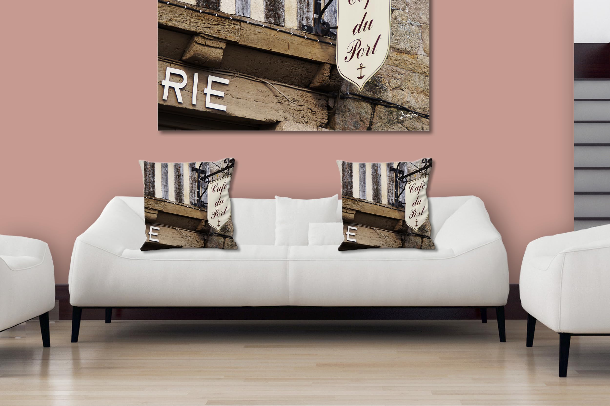 Creperie - Foto-Kissen-Hülle Set (2 STK.) 40 x 40 cm | Kissen-Bezüge - passend zu Wandbild - Deko-Kissen - Frankreich Honfleur Restaurant