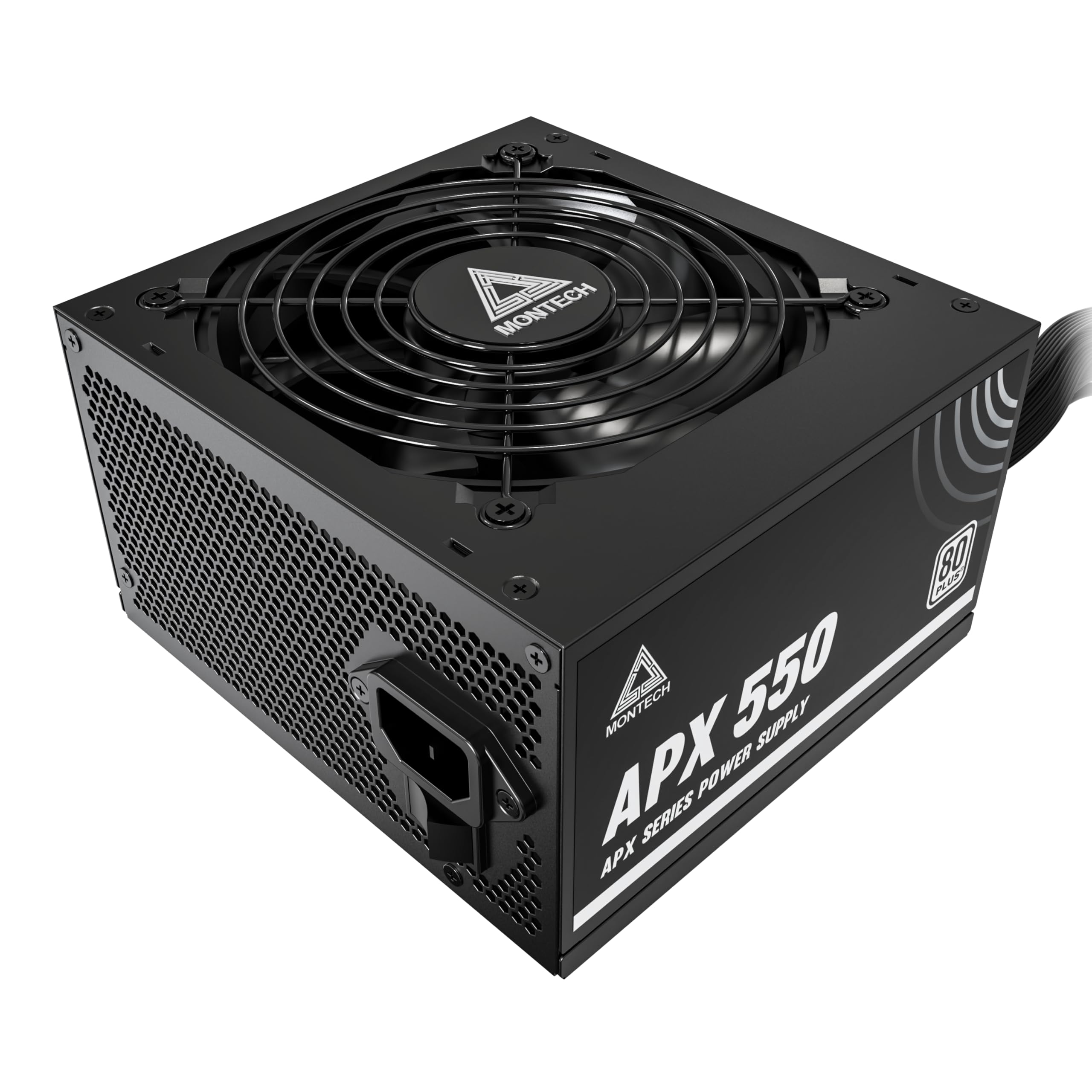 MONTECH APX 550W Fuente de alimentación no modular, 80 Plus, tecnología de convertidor Intel ATX12V-CC a CC, diseño de cable plano para mejorar la eficiencia térmica, ventilador de 120 mm, garantía de