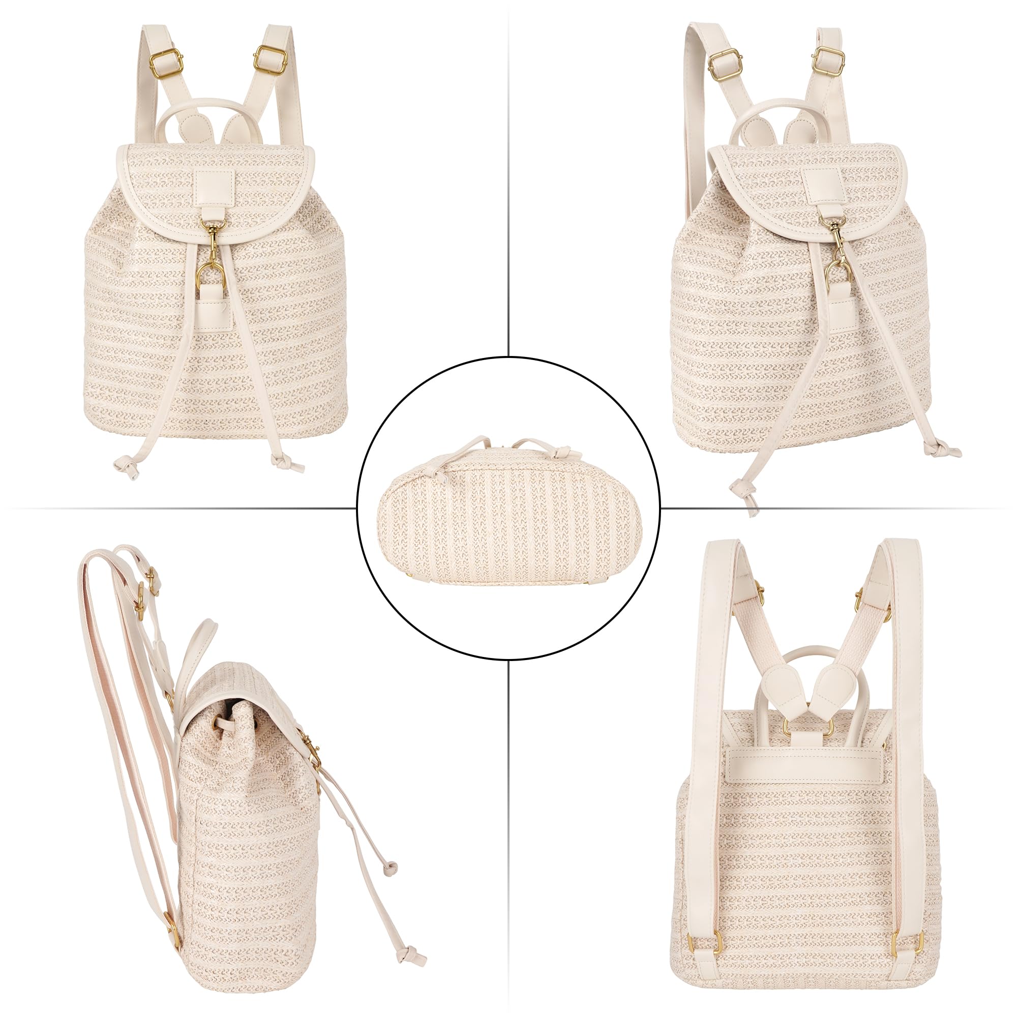 Sac à dos en paille - Sac de plage fait à la main - Avec cordon de serrage - Style bohème - Pour femme - Voyage - Vacances