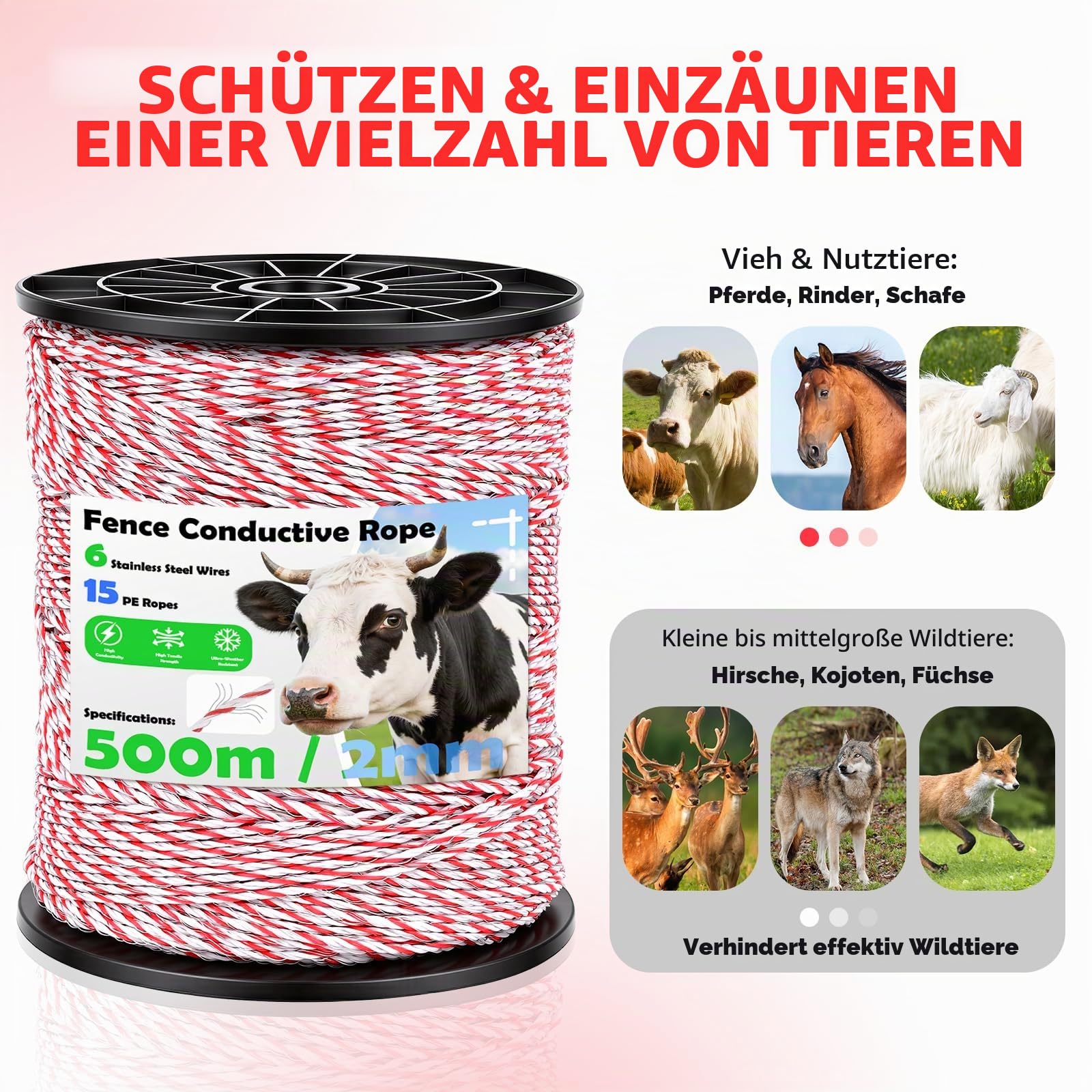 Weidezaunlitze 500m, 2mm 6 Stränge Edelstahl Litze Weidezaun Elektrozaun, Robuste Kordel, Hohe Leitfähigkeit Weidezaun Seil für Hunde, Pferde, Rinder, Schafe (Weiß-Rot)