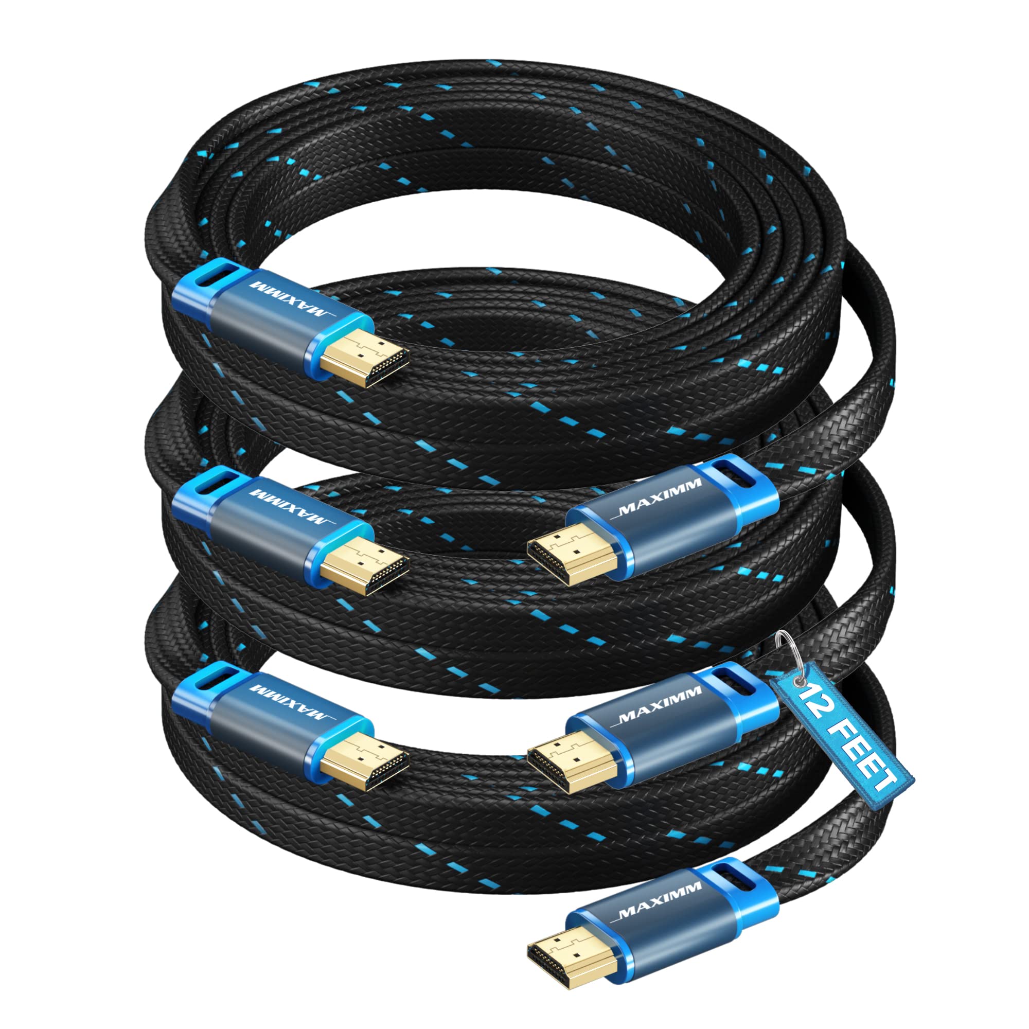 Maximm 4K HDMI Cable 12ft, Super-Slim Flat Space-Saving, High-Speed HDR HDMI 2.0 Braided Cord, 3-Pack