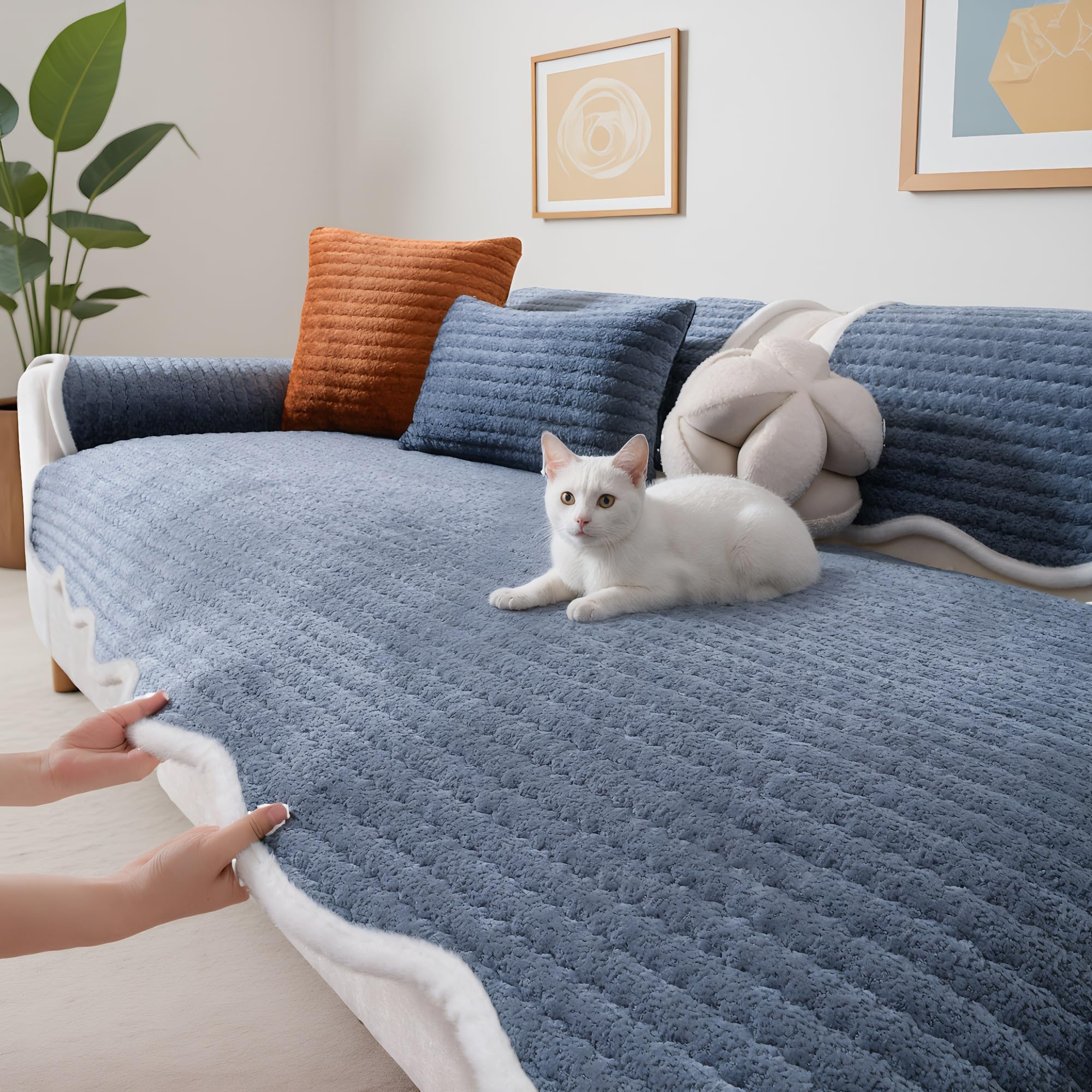 LiveGo Milk Velvet Sofa Cover - Washable Pet-Friendly Couch Cover, Non-Slip Fuzzy Sofa Protector for 2/3/4 Seater, Soft Dog-Resistant Furniture Cover for Living Room (Ocean Blue A, 90 * 210cm)