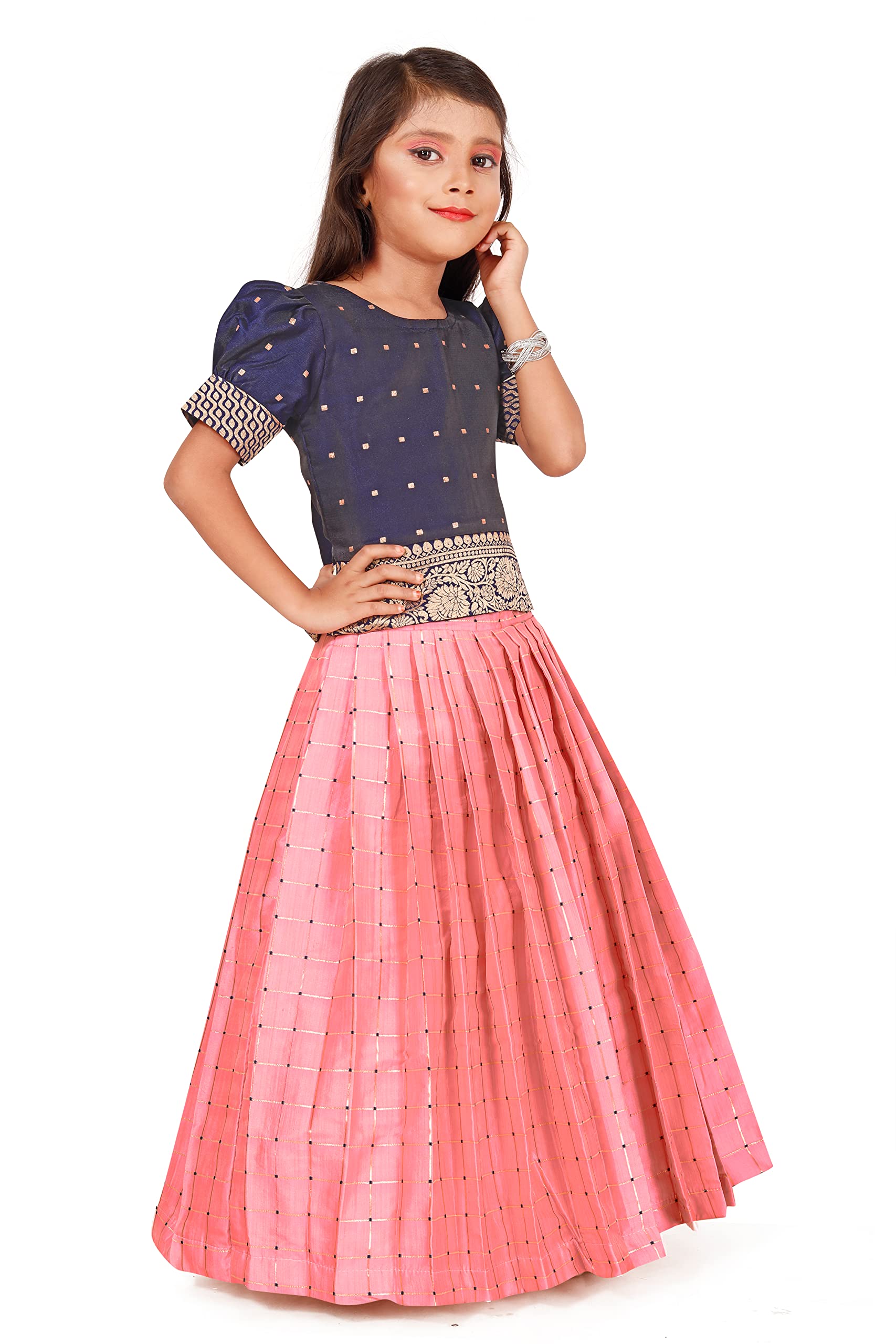 FELIZ THE DESIGNER STUDIO Girl's Round Neck Half Sleeve Pink Color Pattu Pavadai Cotton Silk Lehenga choli for 3-4 Years. (PUBGG-PP34)