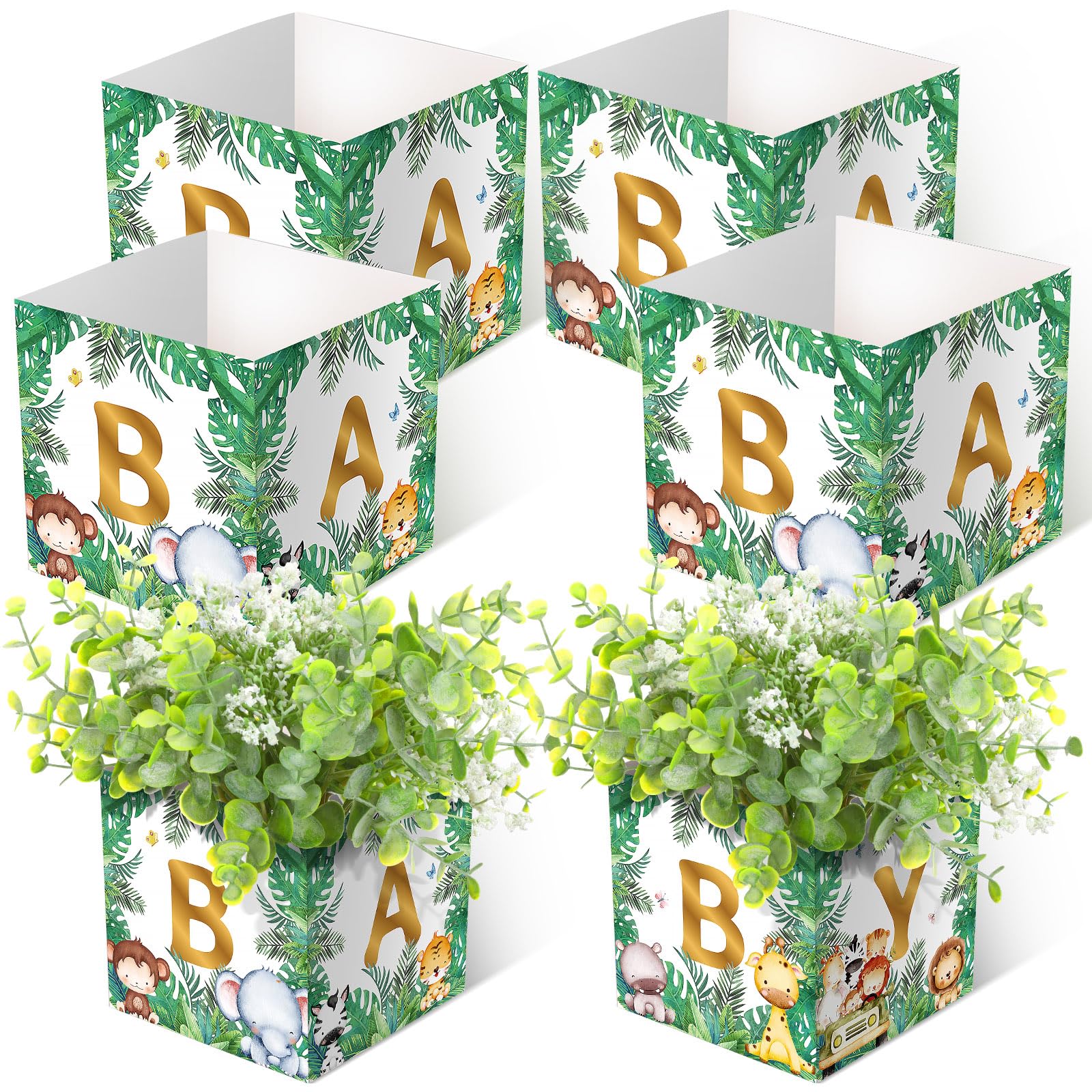 6 Pcs Jungle Animals Baby Shower Decorations Girl Baby Flower Boxes Centerpiece Honey Floral Leaf Rustic Table Display with Letters Gender Reveal Decoration Arrangement Favor Block Holder for Birthday