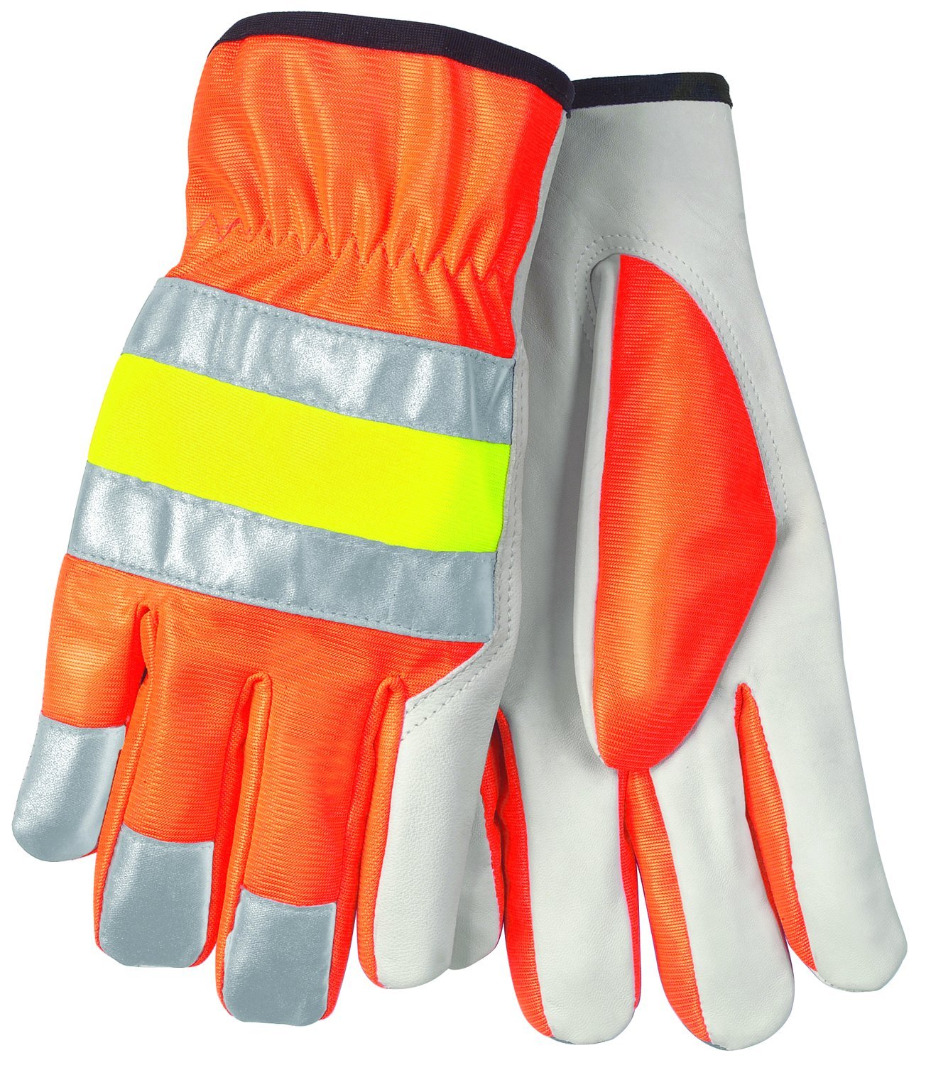 MCR Safety 36111L Premium Grain Goatskin Style Keystone Thumb Gloves with 3M Retro-Reflective Striping, Natural Pearl/Orange, Large, 1-Pair