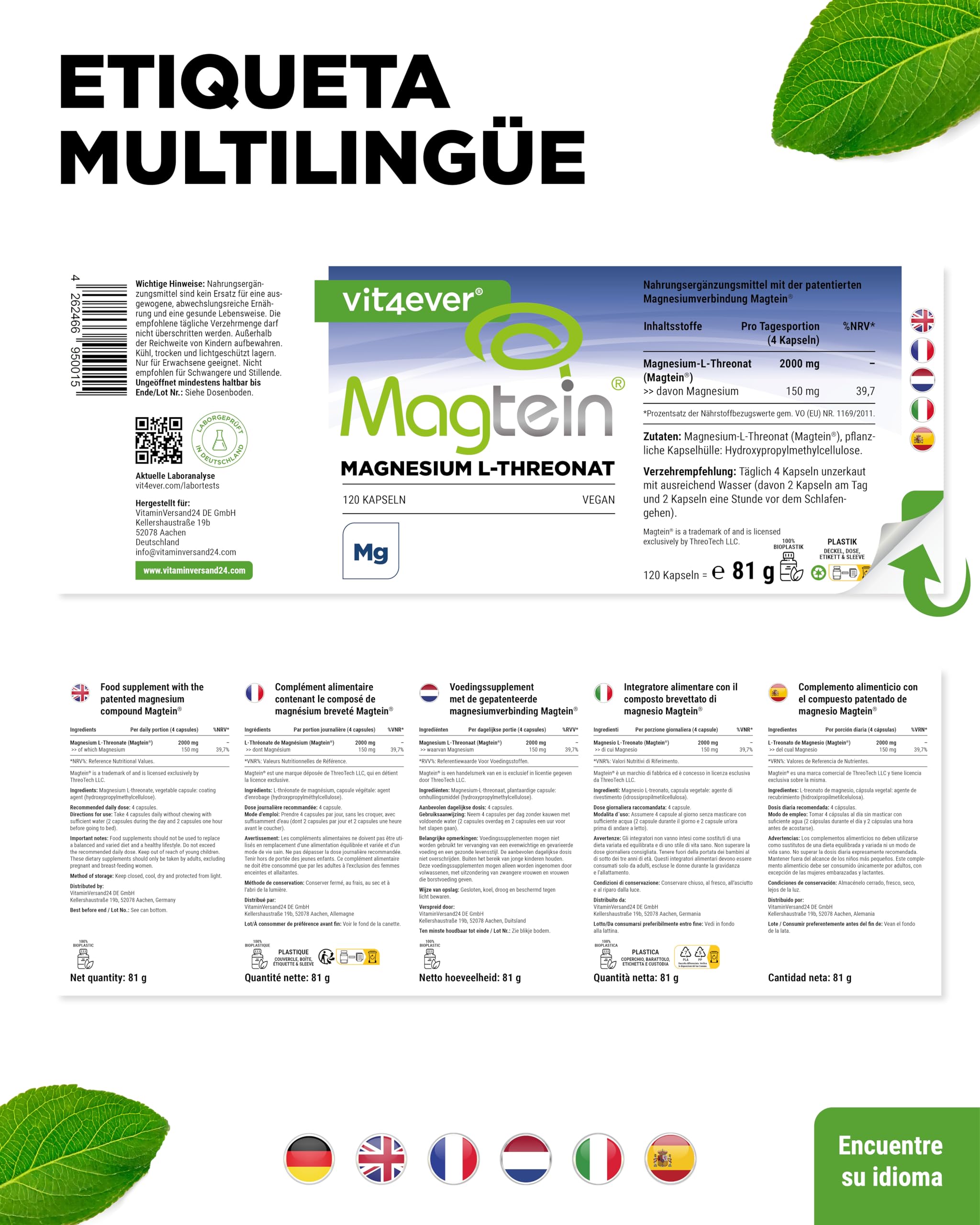 vit4ever Magtein® Magnesio L-Treonato 120 Cápsulas - Alta Dosificación con 2000 mg de Magnesio L-Treonato puro por Día - Vegano