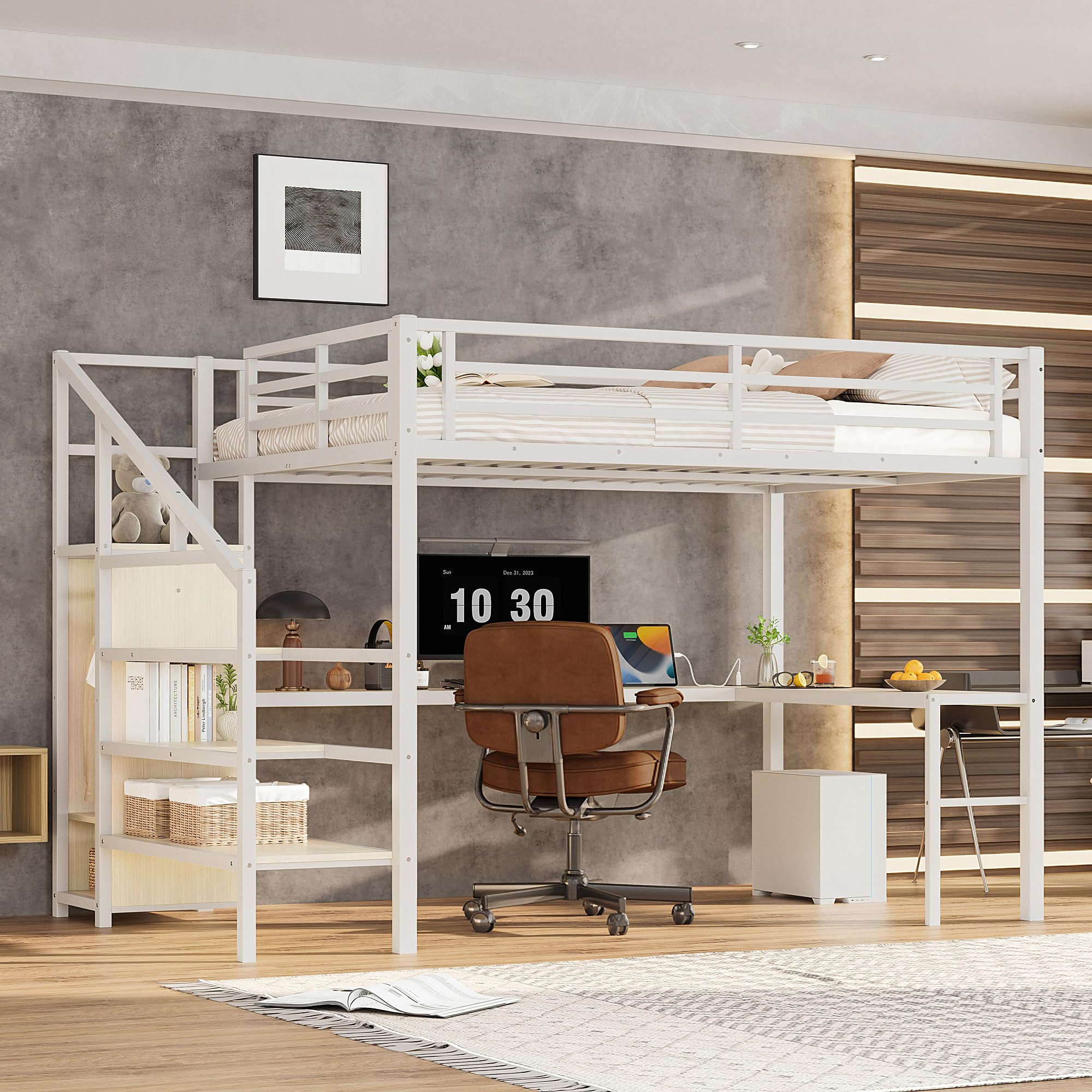 Photo 1 of KEIKI Metal Loft Bed Queen Size with L-Shaped Desk, USB Port, Wardrobe, Adjustable Shelf, and LED Lights, High Loft Bed with Stairs for Teens and Adults, White Wood Grain