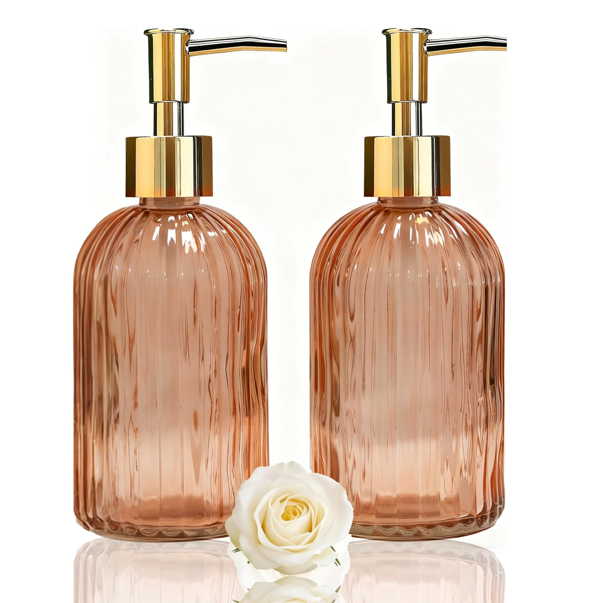 Glass Soap Dispenser with Gold Plastic Pump, 13.5oz Refillable Liquid Hand Soap Dispenser, 2 Pack Crystal Lotion Bottle for Modern Home Decor, Bathroom, Kitchen Countertop, Hotel(Orange)