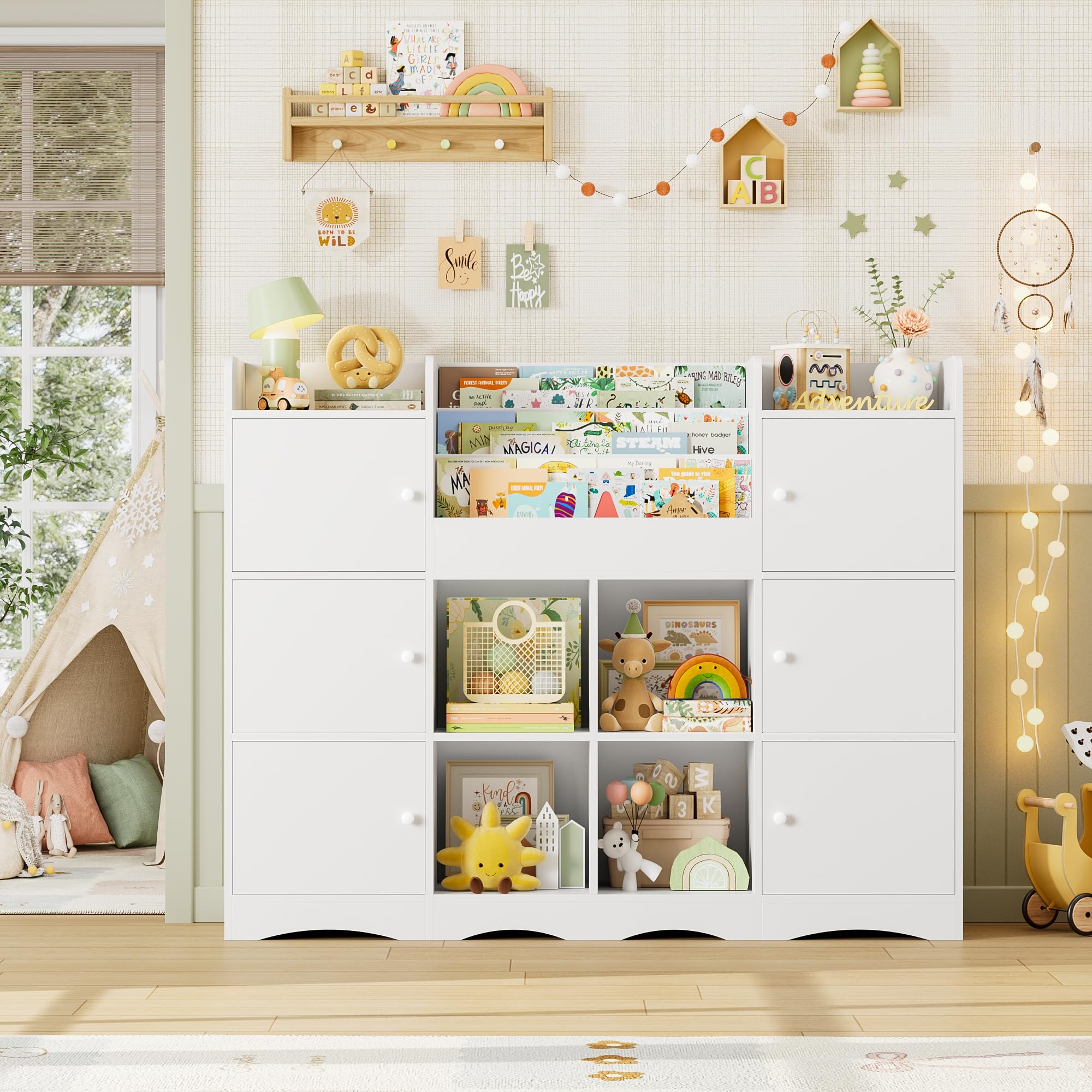 FOREHILL Organizador Juguetes, 6 Armarios con Puertas, Blanco | Estanteria Infantil, 6 Armarios con Puertas, 4 Estantes Abiertos para Dormitorios Guardería, 140x30x106cm