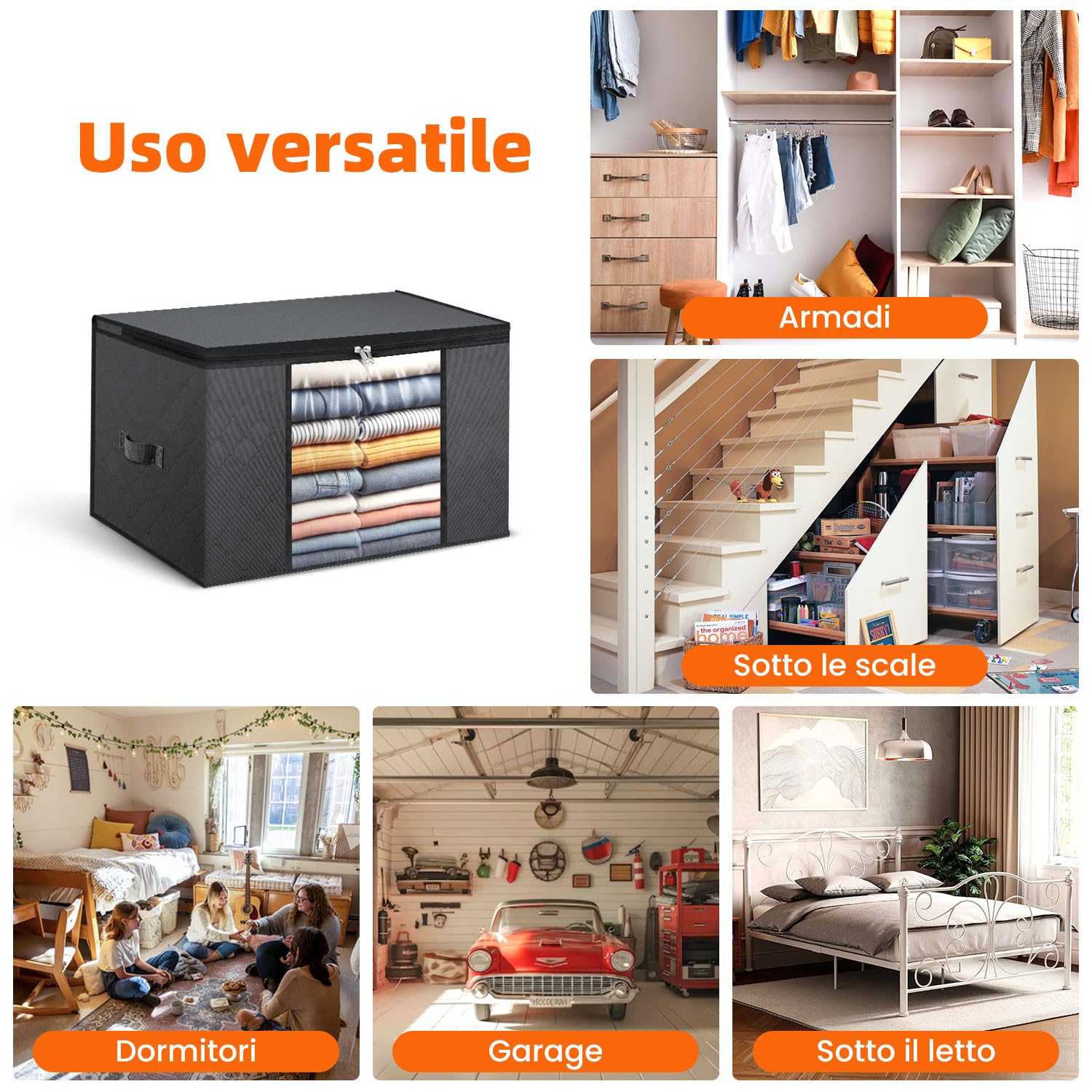 Set da 3 Borse Salvaspazio Pieghevoli 80L – Grigio Scuro – Tessuto a 3 Strati con Finestra Trasparente – per Vestiti, Coperte, Letto, Armadio