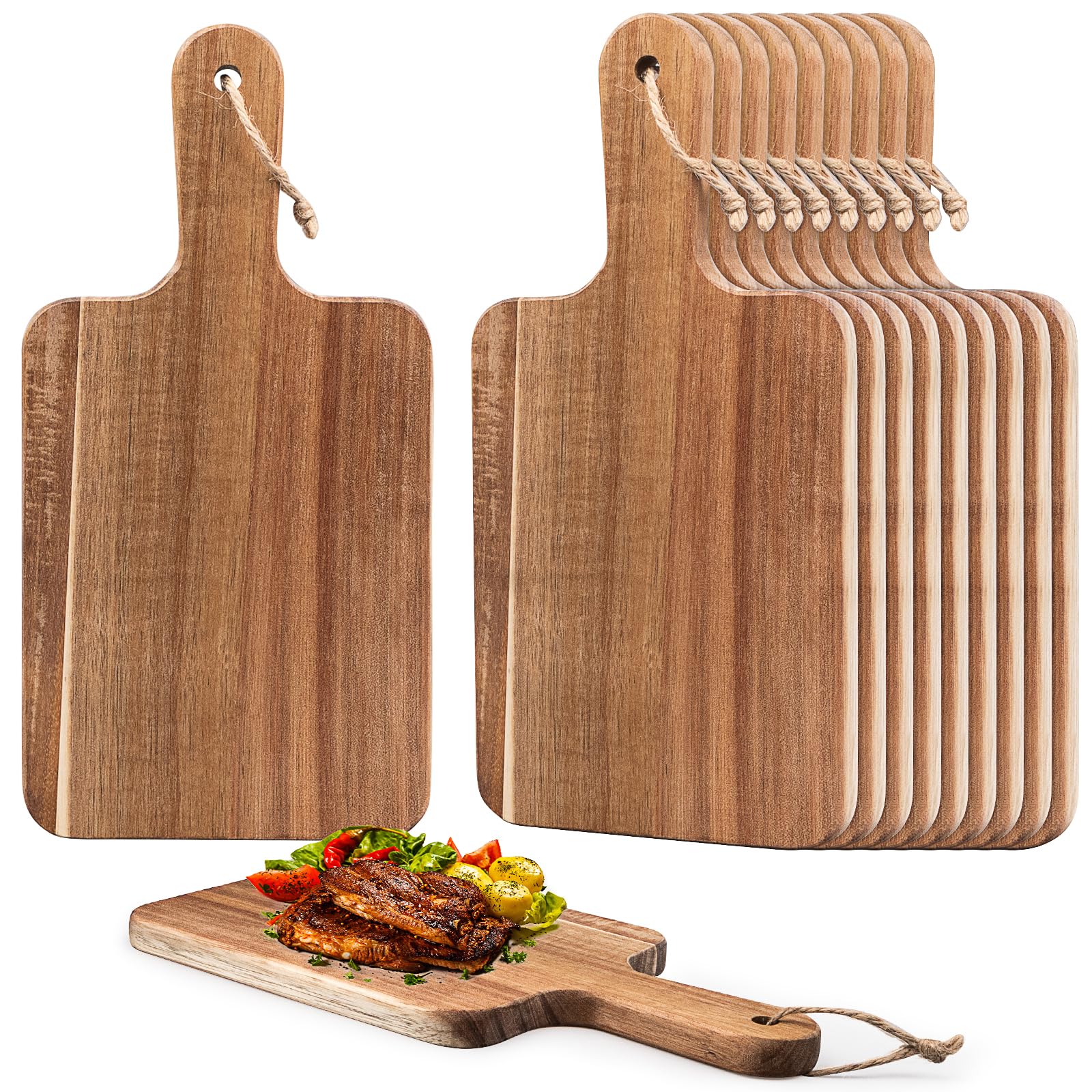 10er Set Akazienholz-Schneidebretter mit Griff, 20 x 15 cm Holzbrett Pizza