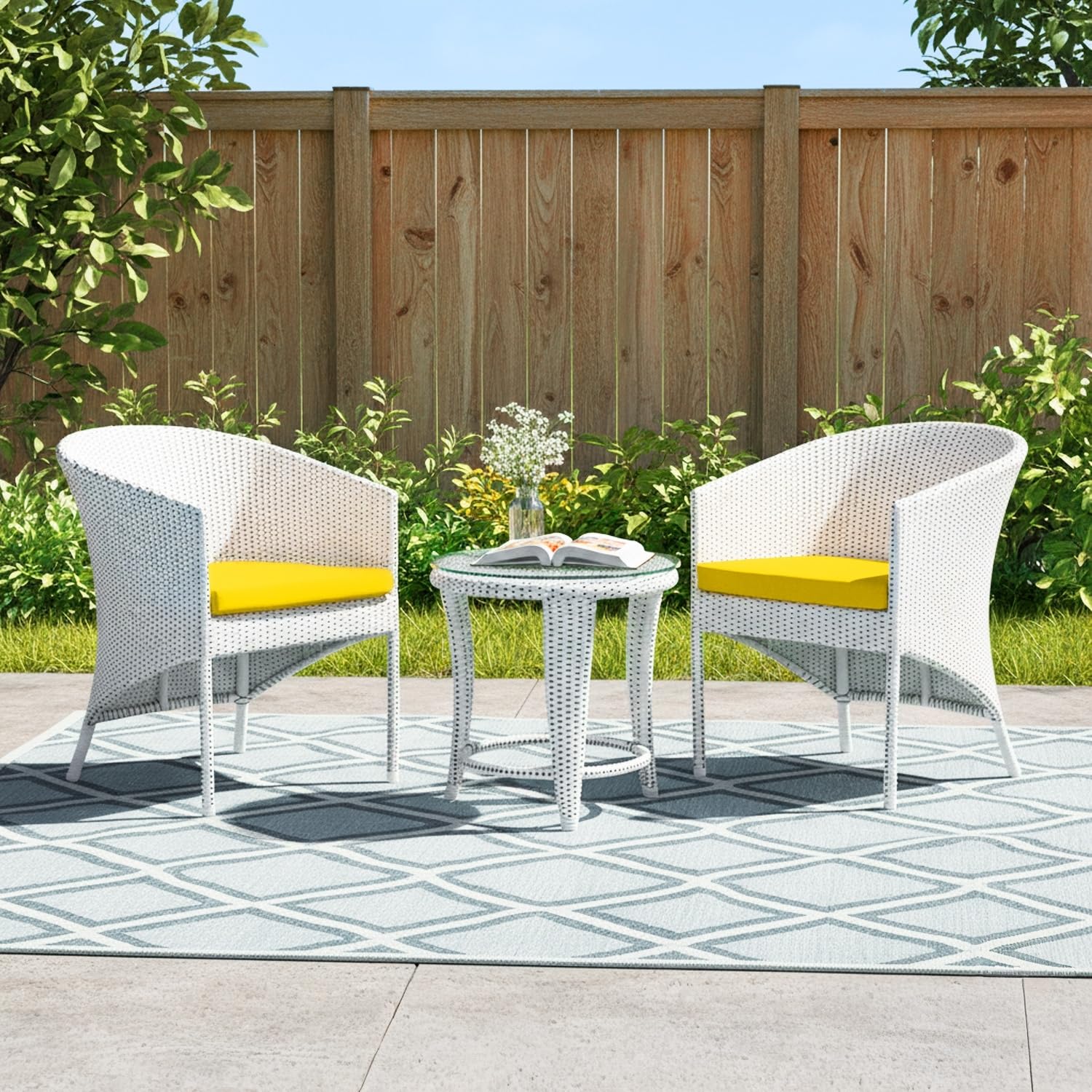 DEVOKO Outdoor Patio 3-Piece Wicker Chair Table Set with Double Waving HDPE Rattan All Weather Resistant Furniture with Glass Top Table & Comfy Seat (White Black & Yellow)