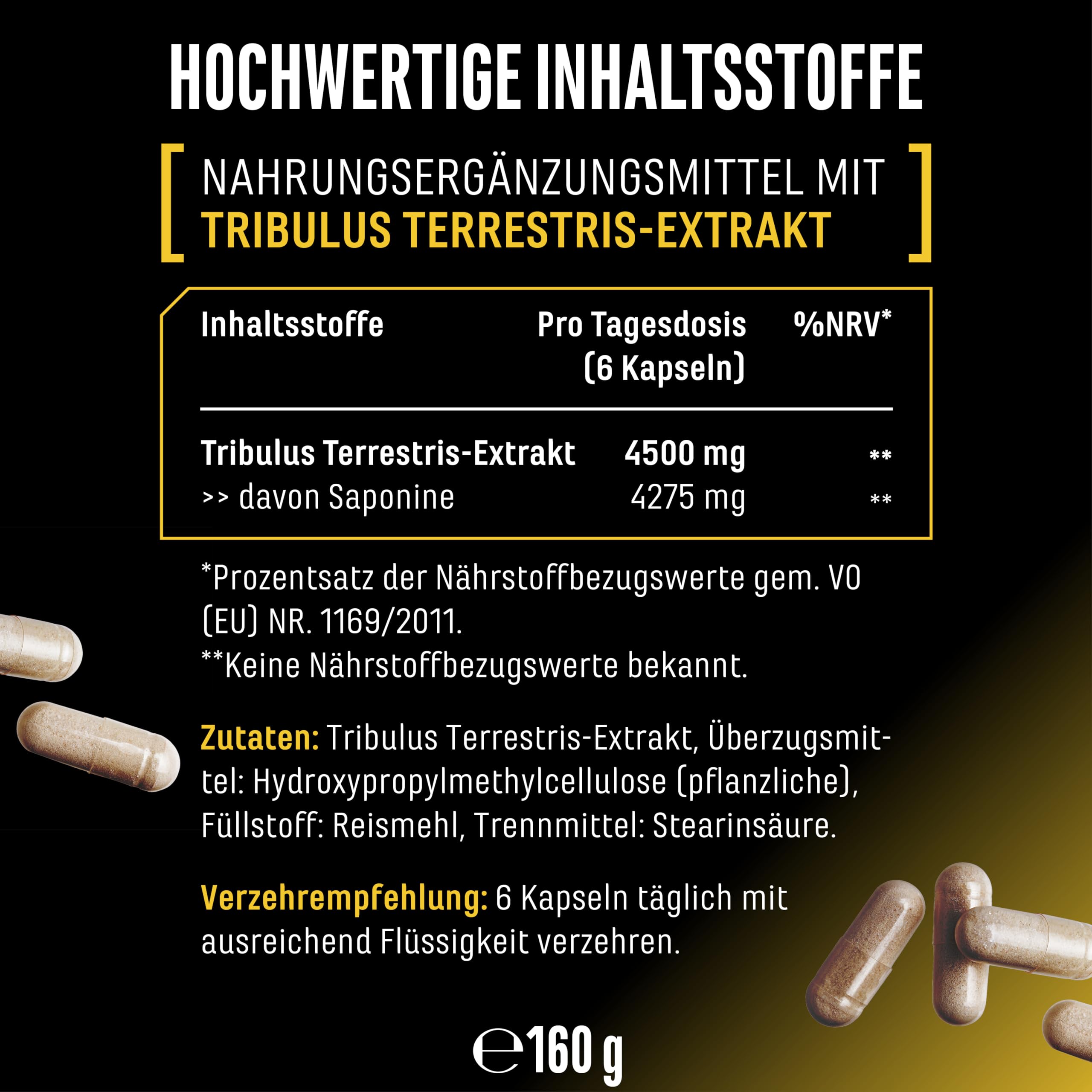 Tribulus Max - 180 Kapseln - Hochdosiert mit 4500 mg pro Tagesdosis - 95% Saponine - Reines Tribulus Terrestris Extrakt 10:1 - Ohne unnötige Zusätze, vegan