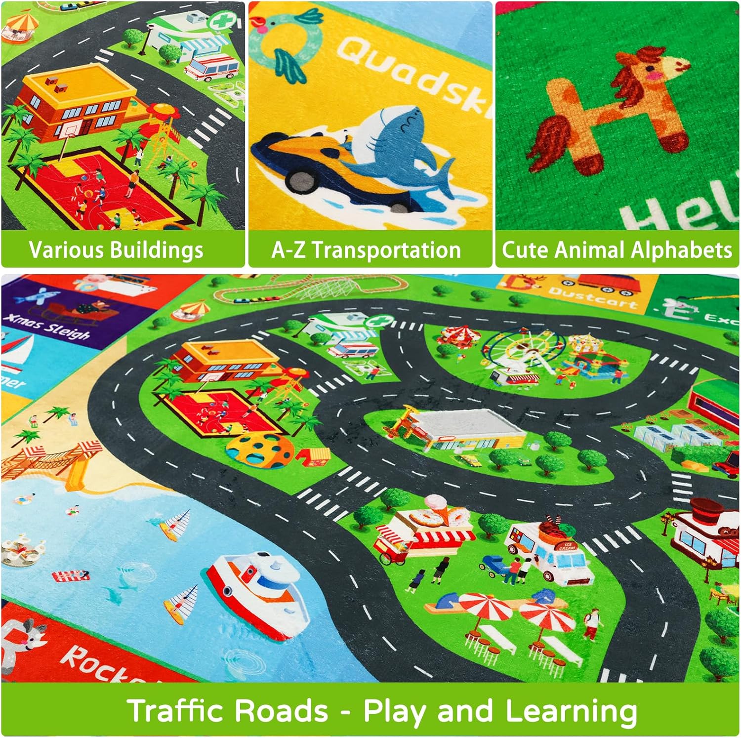 ABC Transportation Kids Rugs 59"×39.4" Traffic Road Play Rug Alphabet Animals for PlayroomToddler
