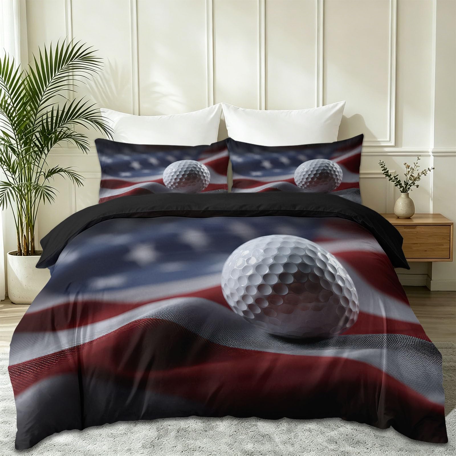 Sportowe zestawy pościeli w rozmiarze King Size - 3D amerykańska flaga golfowa poszewka na kołdrę miękka mikrofibra łatwa w pielęgnacji poszewka na kołdrę z 2 poszewkami na poduszki dla dorosłych