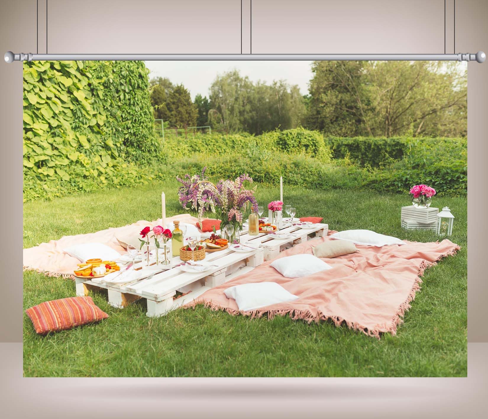 15x10FT (4.6x3m) Elegante Tavolo Da Picnic In Giardino Sfondo Fotografico | Allestimento Per Festa All'Aperto Fondale In Tessuto,Tavolo Basso Bianco,Per Feste In Giardino E Foto Di Famiglia,Photo Booth