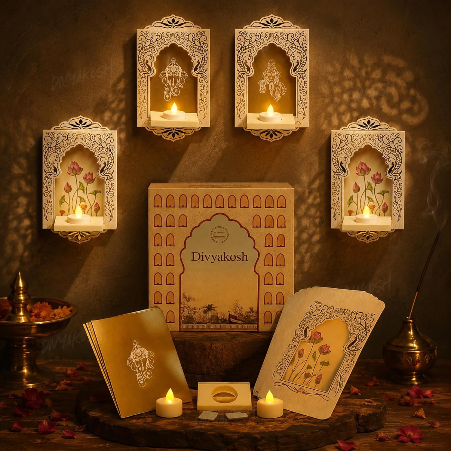 Divyakosh Item for Home Decoration Deep Dwar Jharokha Mandapam for Wall Decor|Pack of 10 Festive Hanging Tea Light Holders with Golden Inserts & Detachable Tray, Wall Decoration item's for Living room-image-47