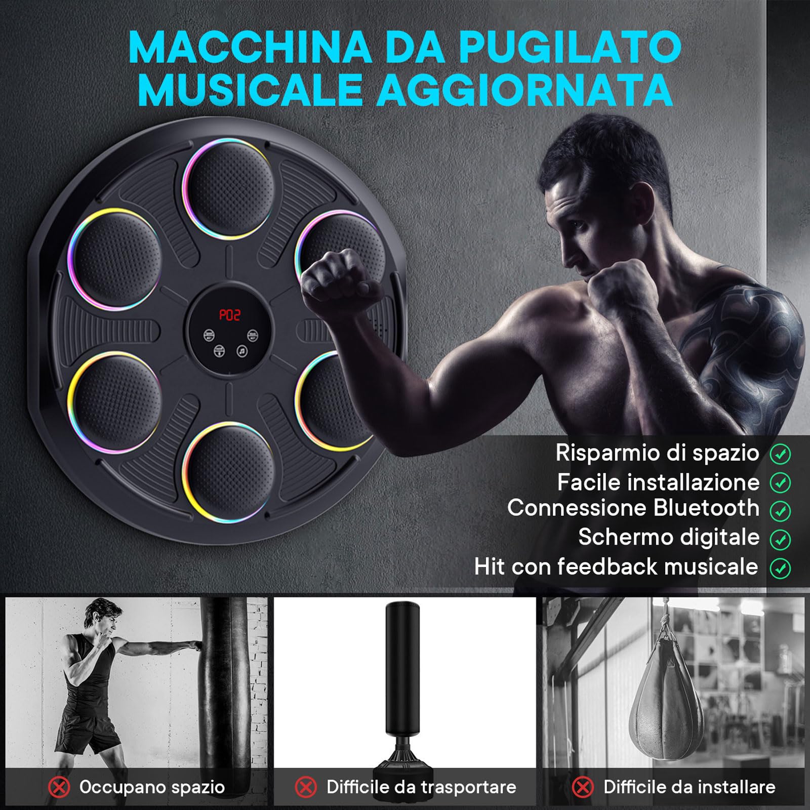 Music Boxing Machine - Tirapugni Musicale da Parete con 12 velocità e modalità Luce, Bluetooth, Macchina da Boxe per Allenamento Casa, Include Guanti MMA, per Allenamento Casa Adulti