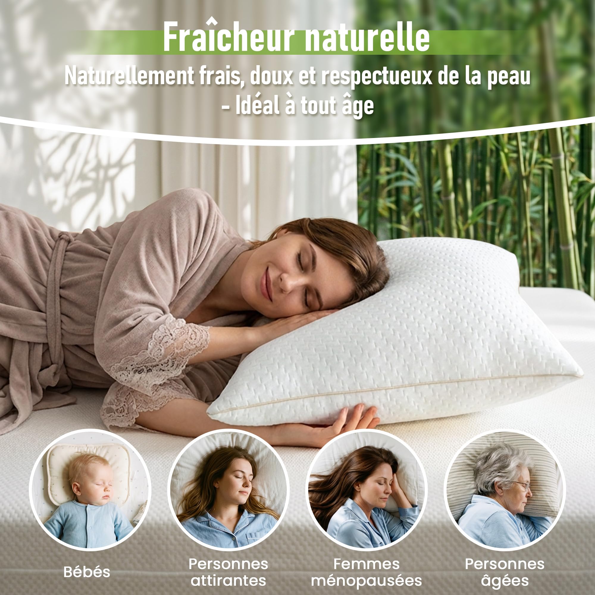 BedStory Oreiller 65x65CM - Lot de 2 - avec Fibres de Bambou - Qualité Luxe | Qualité Hôtelière - avec Housse Amovibles - Anti acariens - Ergonomique Cervical-Hypoallergénique - Doux et Respirant
