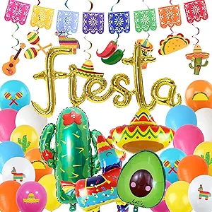 Fiesta Party Decorations, Mexican Party Supplies Mexican Picado Banner Swirls Sombrero Donkey Cactus Avocado Foil Balloons for Birthday Party Baby Shower