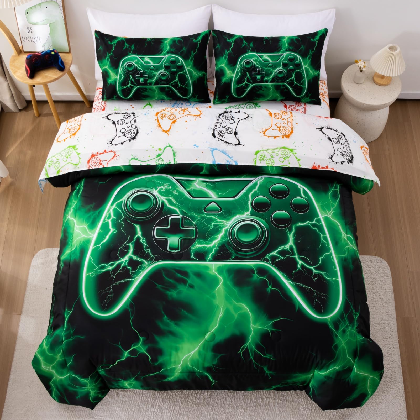 Meeting Story Boys Full Size Comforter Set, 5 Pieces 3D Game Controller Design Gamer Comforter Set, Polyester Fiber Boys Bedding for Kids Teens,Suitable for All Seasons(Green)