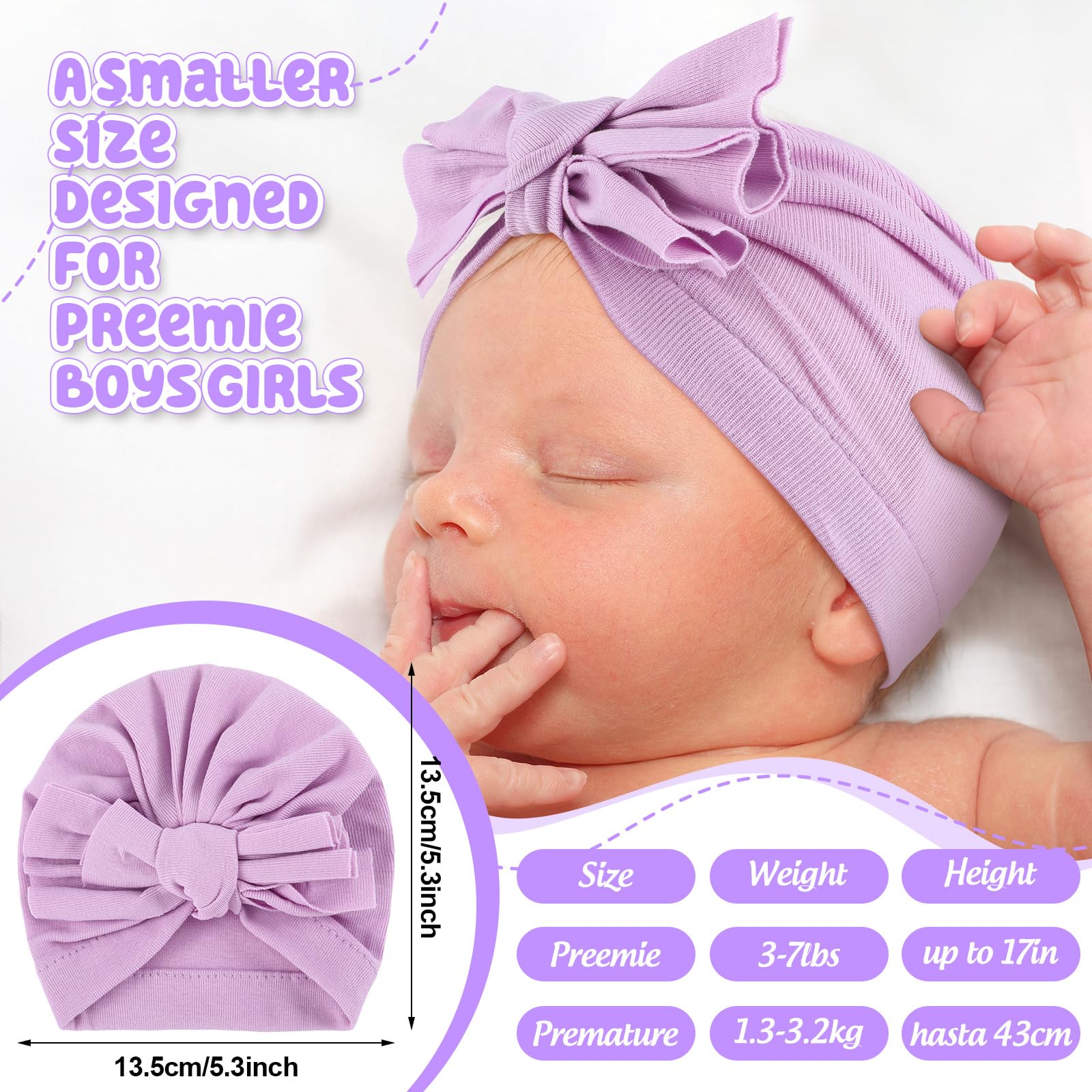 Velmitten 10 Pcs Preemie Hats Cotton Preemie Caps Bows Turban Premature Baby Boys Girls Hospital NICU Hat(Bow Style)