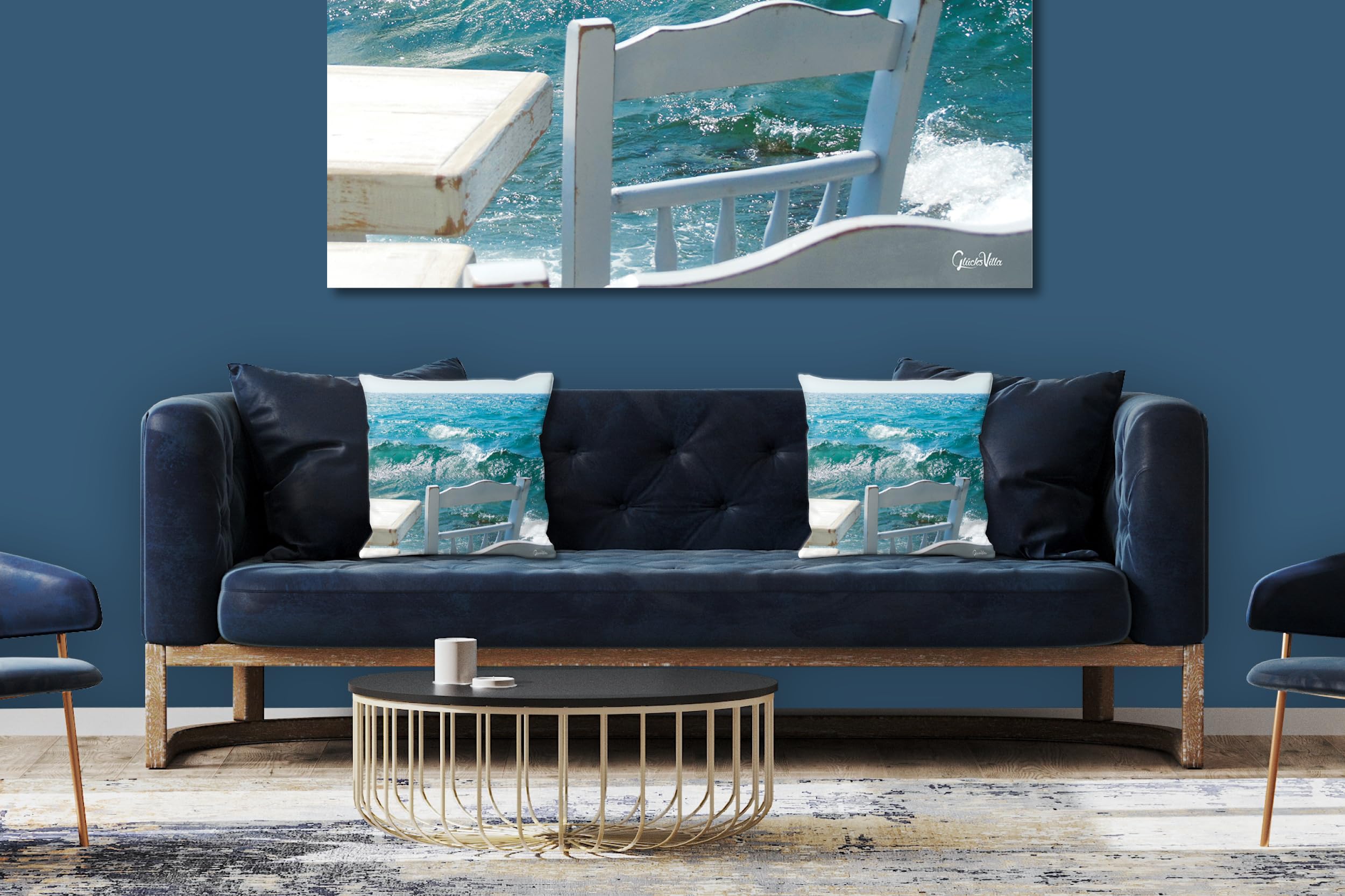 Mykonos - Foto-Kissen-Hülle Set (2 STK.) 40 x 40 cm | Kissen-Bezüge - passend zu Wandbild - Deko-Kissen - Hafen Taverne Ägäis Kykladen