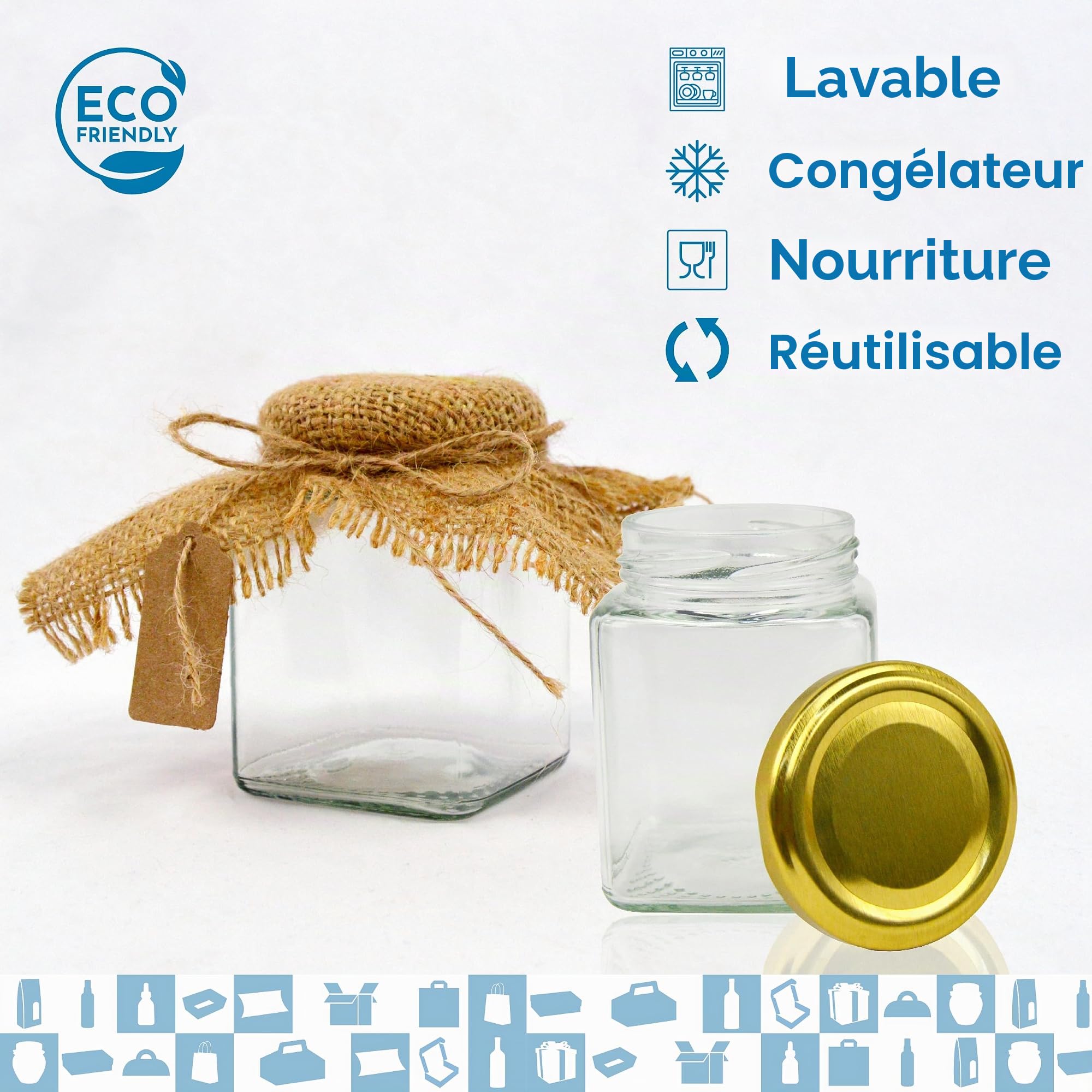Espirito Rebelde 20x Pot en Verre Carré pour Épices 212ml avec Couvercle + 20 Étiquettes Kraft + Tissu et Ficelle de Jute - Bocaux Rangement Cuisine - Épices, Confiture, Yaourt