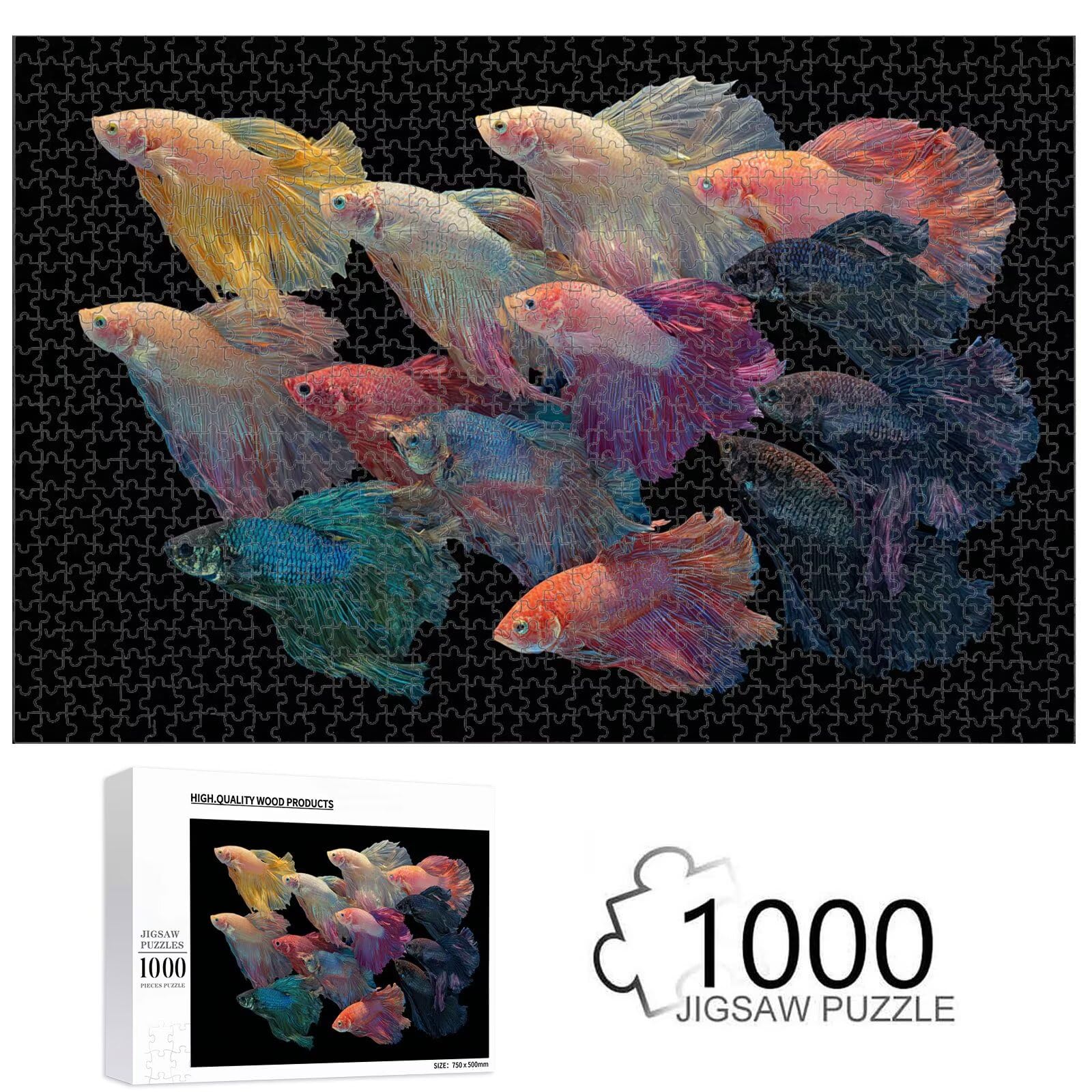 Puzzle 1000 Pièces, Couleur & Poisson Puzzle en Bois Durable 1T#992 | Puzzle en Bois, Découpe de Précision, Encres aux Couleurs Vives, Loisir Relaxant, Décoration Intérieure, Cadeau, 50x75cm