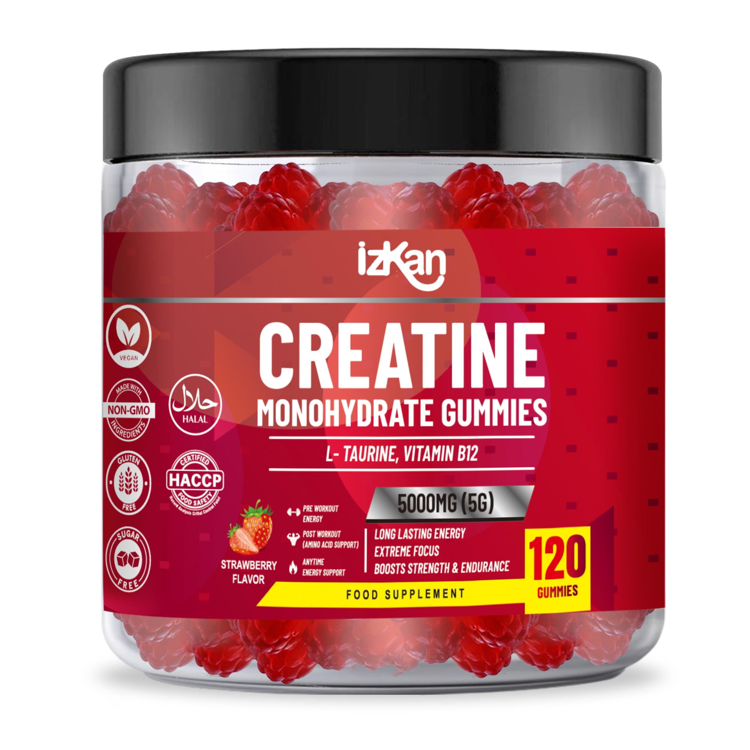 Creatine Gummies 5000mg (5G) for Men & Women - 120 Chewable Creatine Monohydrate Gummies Strawberry Flavoured | Pre Workout Gym Supplement| Muscle Boost| 4 Per Day - Vegan & Halal (1X)