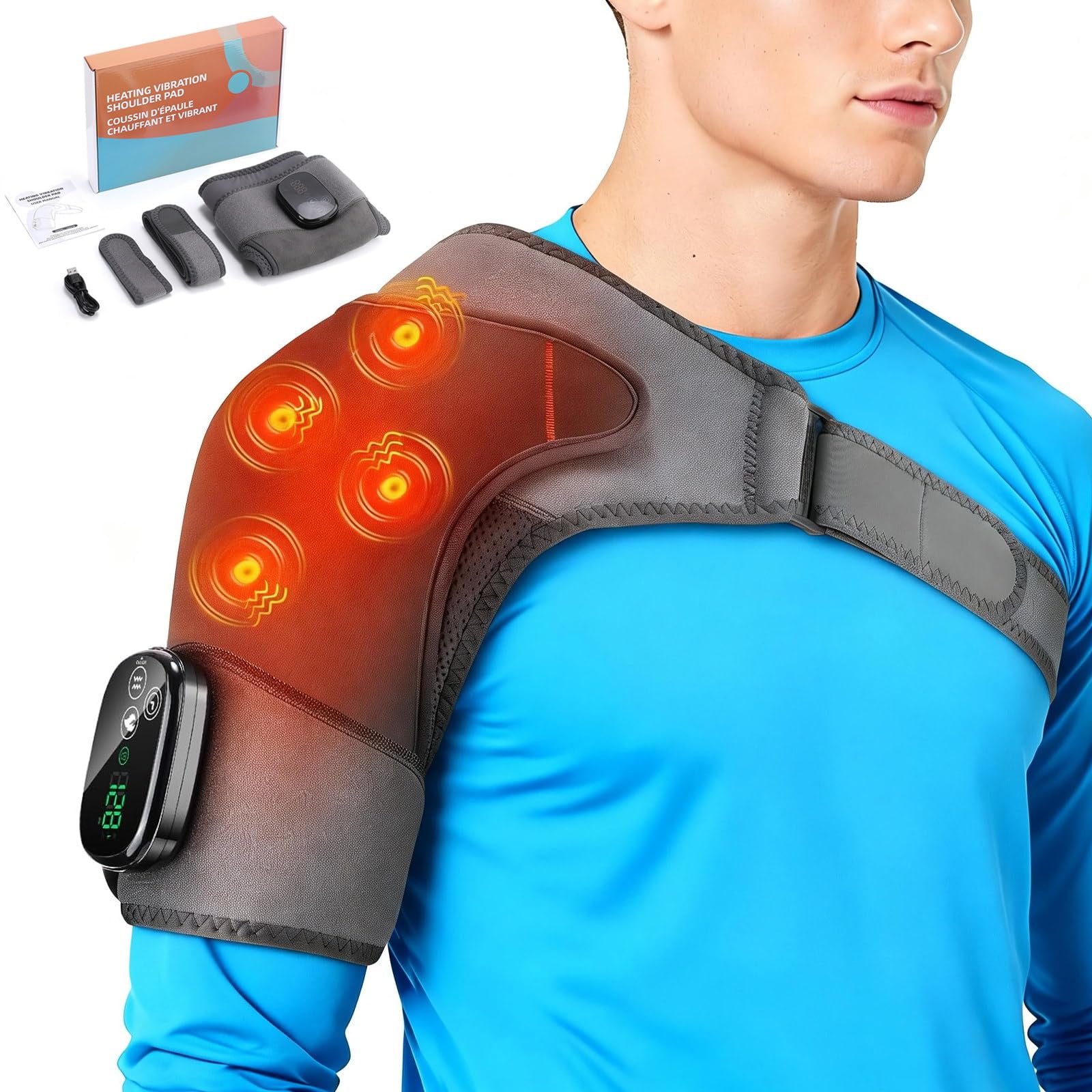 Schulter-Massagegerät mit Wärme Vibration, 5000mAh Kabellose Beheizte Schultermassagegerät mit 5 Vibrations, 5 Heizstufen, 3-Gang-Timer, für Zuhause, Büro, Damen, Herren zur Entspannung