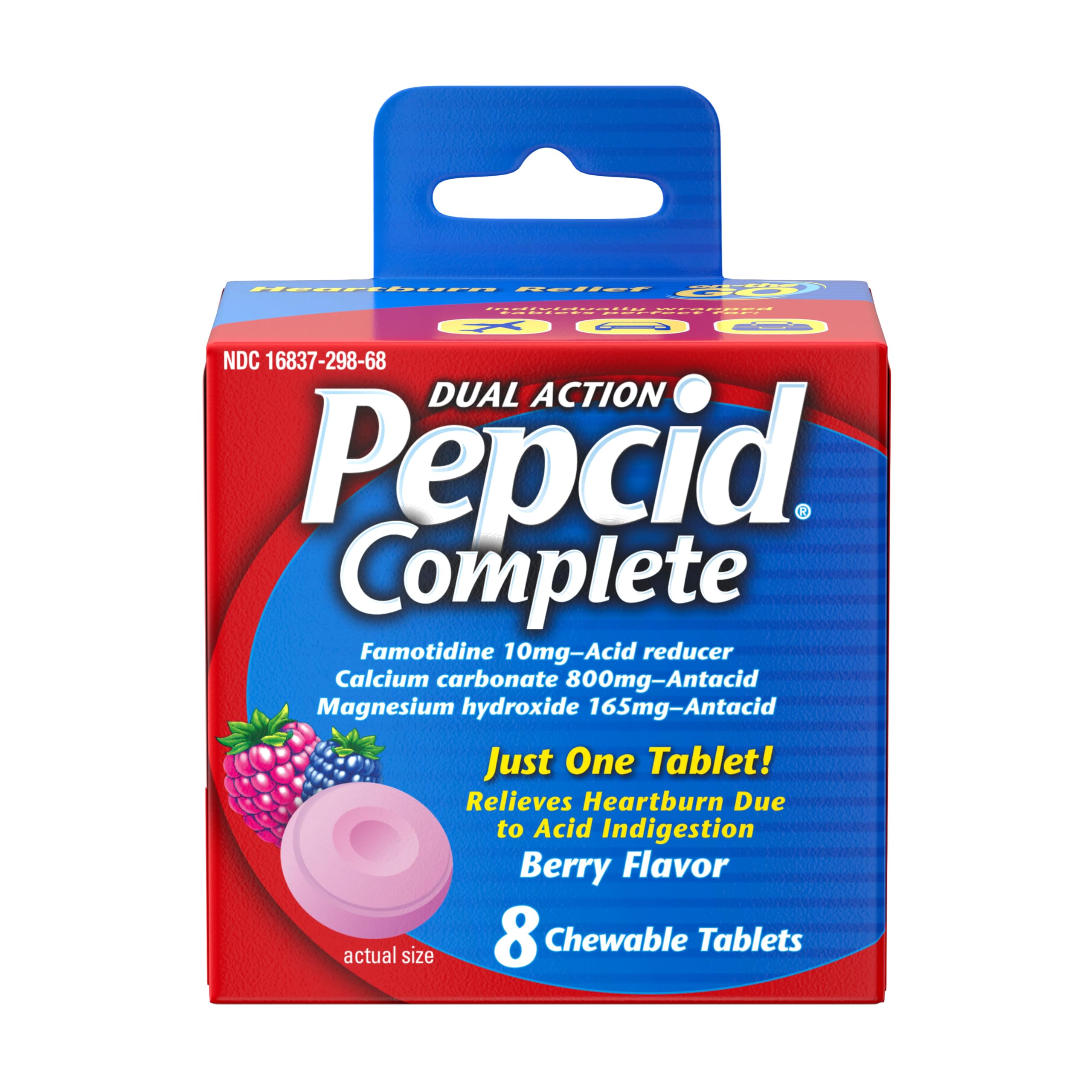 Pepcid Complete Acid Reducer + Antacid for Acid Reflux, 10mg Famotidine, 800mg Calcium Carbonate & 165mg Magnesium Hydroxide per Heartburn Medicine Tablet, Antacid Chews, Berry, 8 ct