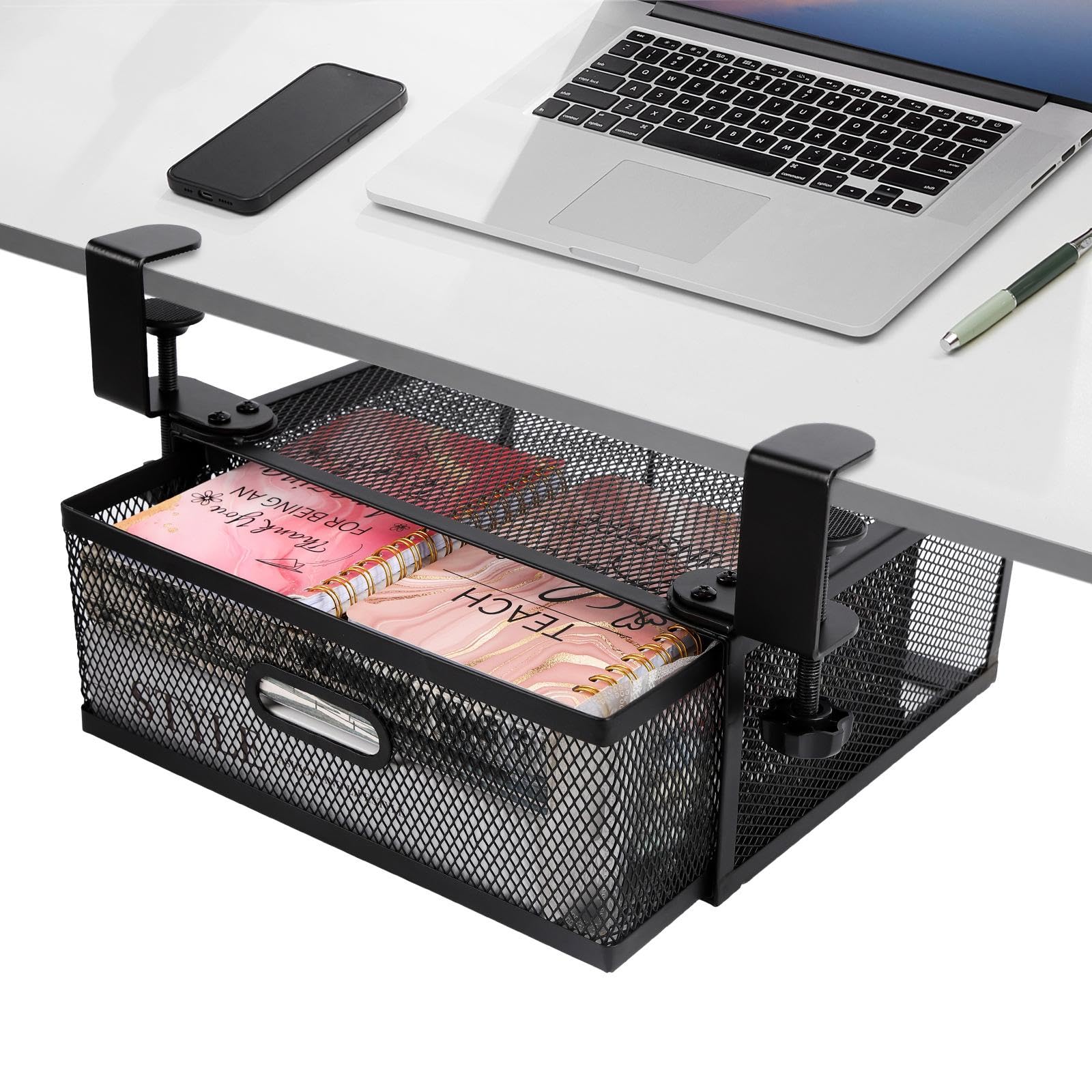 Organizador de cajón de malla debajo del escritorio, estante colgante, gran capacidad, ahorro de espacio para el hogar y la oficina, sin taladro, Negro
