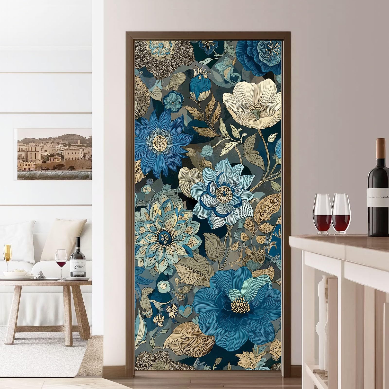 Naklejka na drzwi 3D, samoprzylepna, PCW, 90 x 200 cm, zdejmowana, niebieska, wodoszczelna, do sypialni, kuchni, łazienki, biura, tapeta na drzwi - vintage wykwintny motyw dalii, naklejka na drzwi